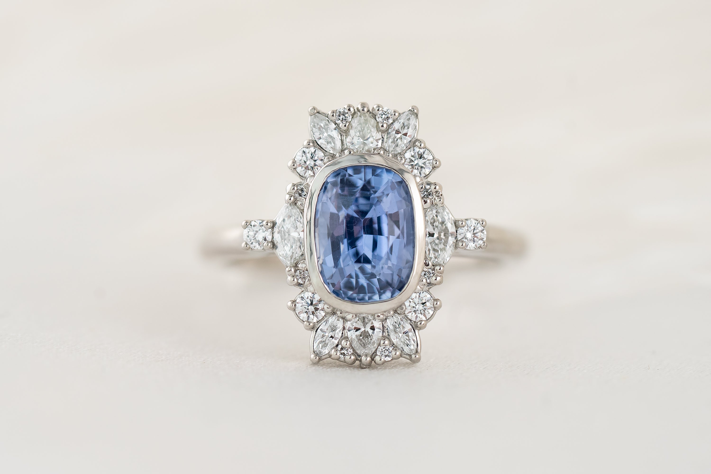 The Lace Ring | 2 CT Elongated Cushion Light Blue Sapphire - Lavender Creek Gems