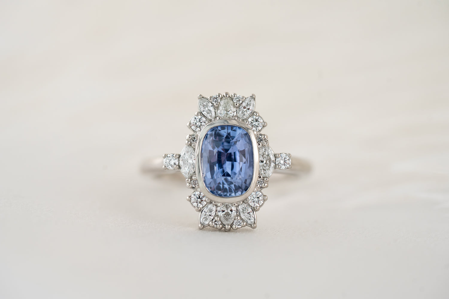 The Lace Ring | 2 CT Elongated Cushion Light Blue Sapphire - Lavender Creek Gems
