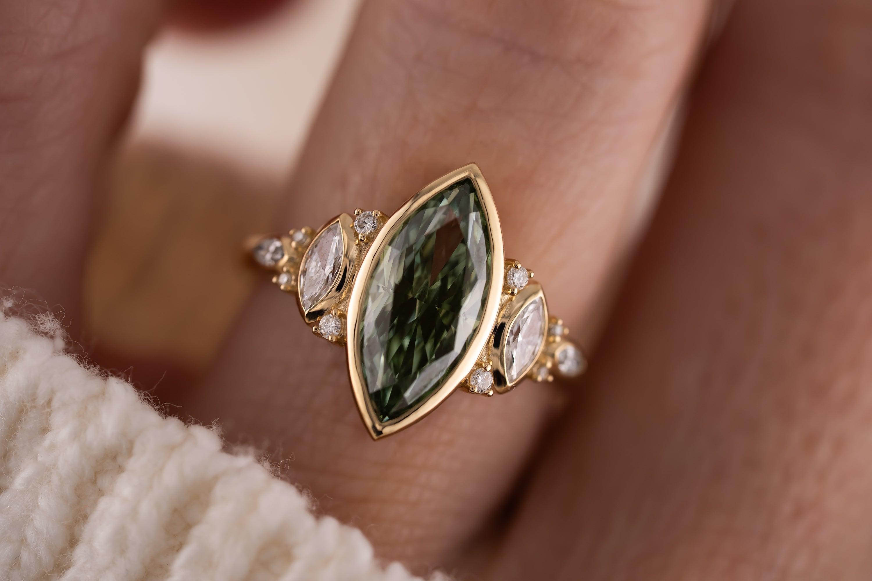 The All Bezel Maeve Ring | 2.72 CT Marquise Cut Green Diamond - Lavender Creek Gems
