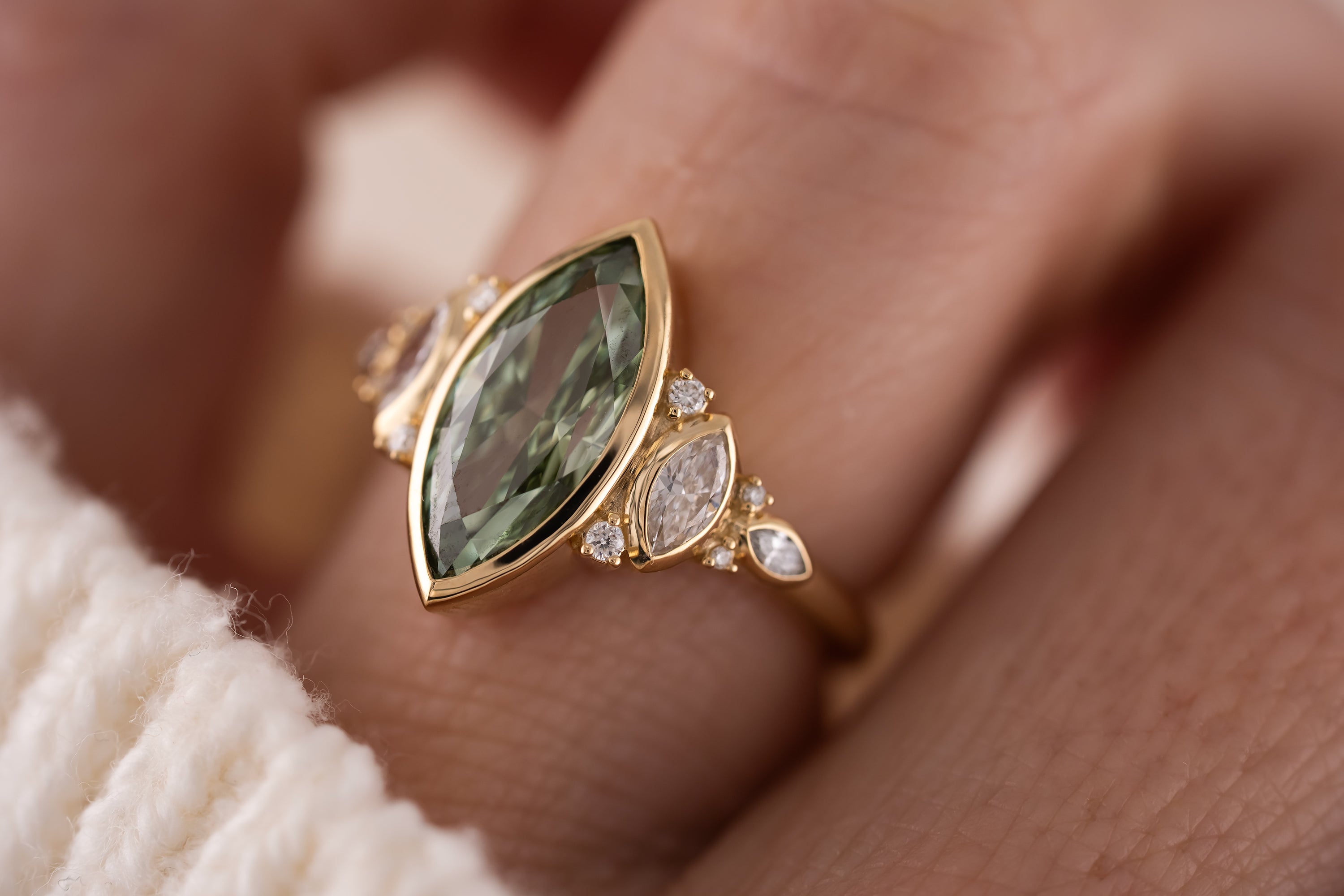 The All Bezel Maeve Ring | 2.72 CT Marquise Cut Green Diamond - Lavender Creek Gems