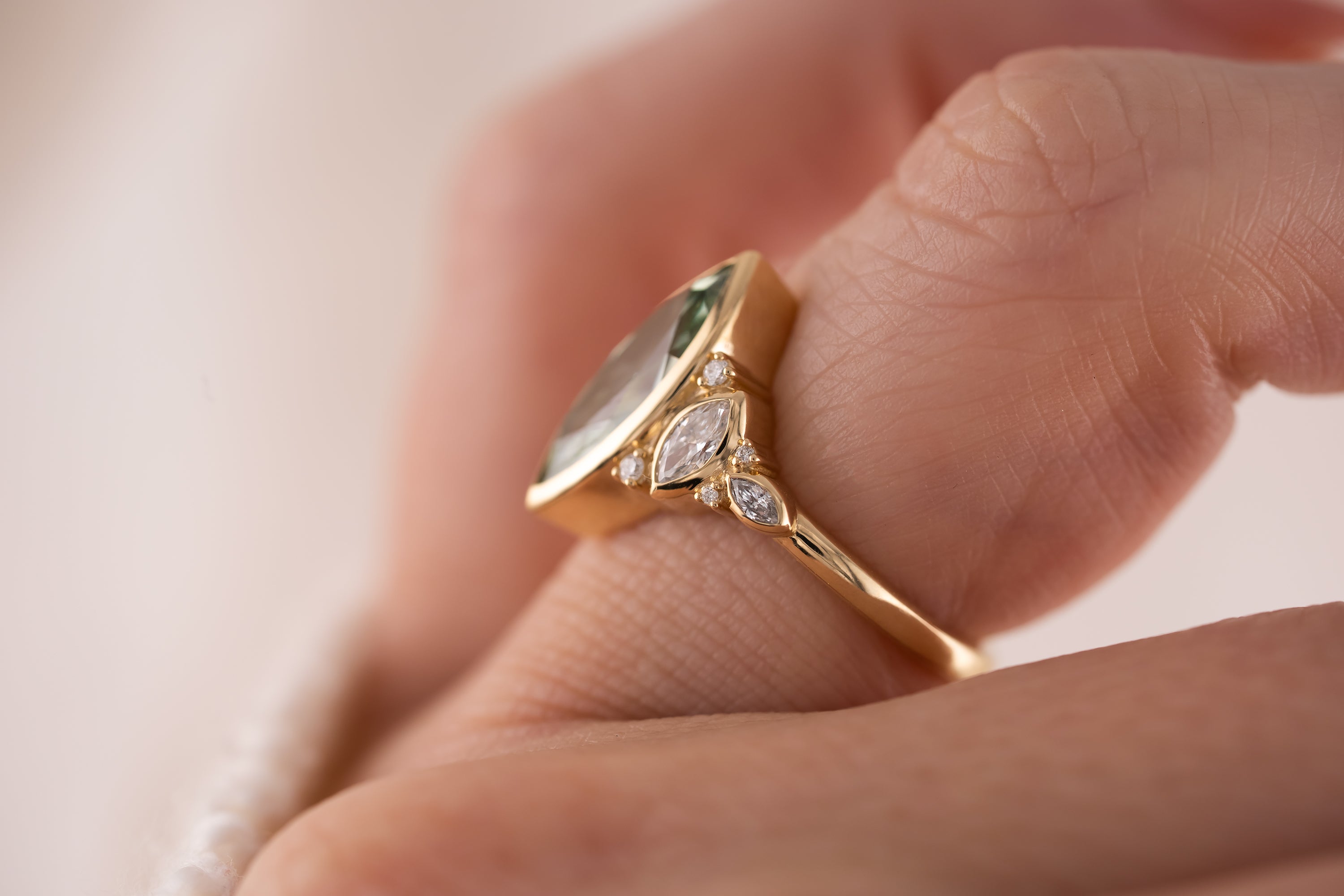 The All Bezel Maeve Ring | 2.72 CT Marquise Cut Green Diamond - Lavender Creek Gems