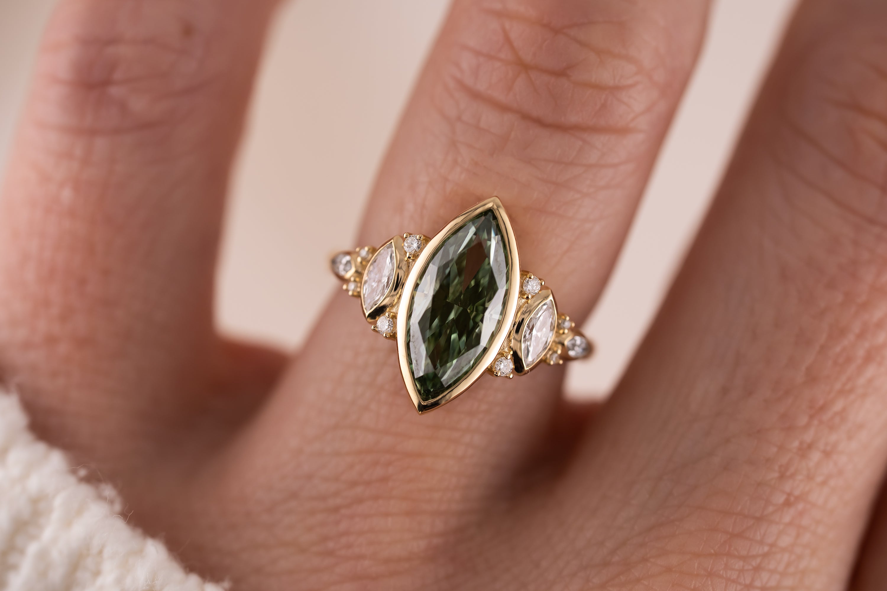 The All Bezel Maeve Ring | 2.72 CT Marquise Cut Green Diamond - Lavender Creek Gems