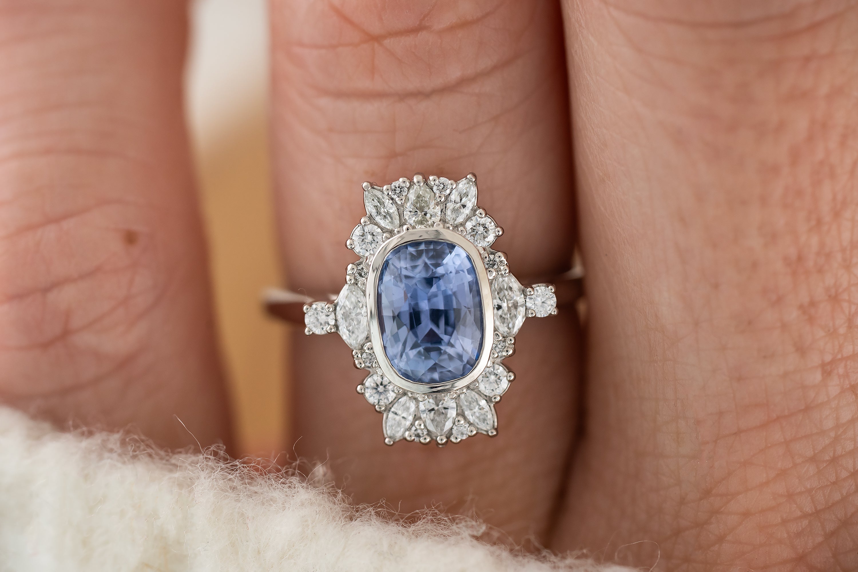 The Lace Ring | 2 CT Elongated Cushion Light Blue Sapphire - Lavender Creek Gems