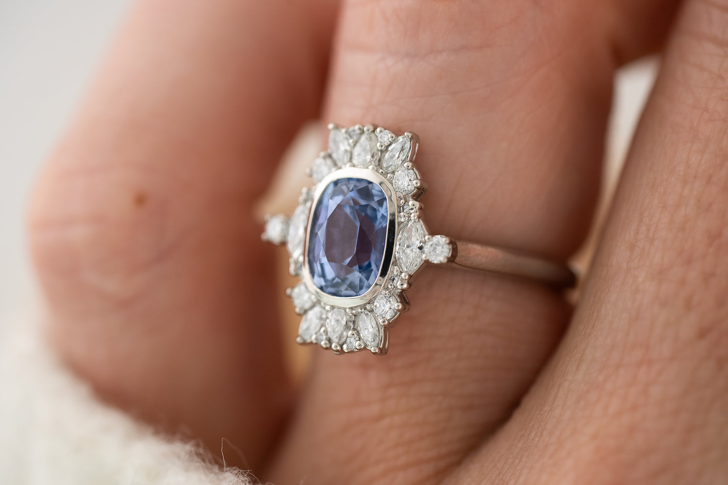 The Lace Ring | 2 CT Elongated Cushion Light Blue Sapphire - Lavender Creek Gems