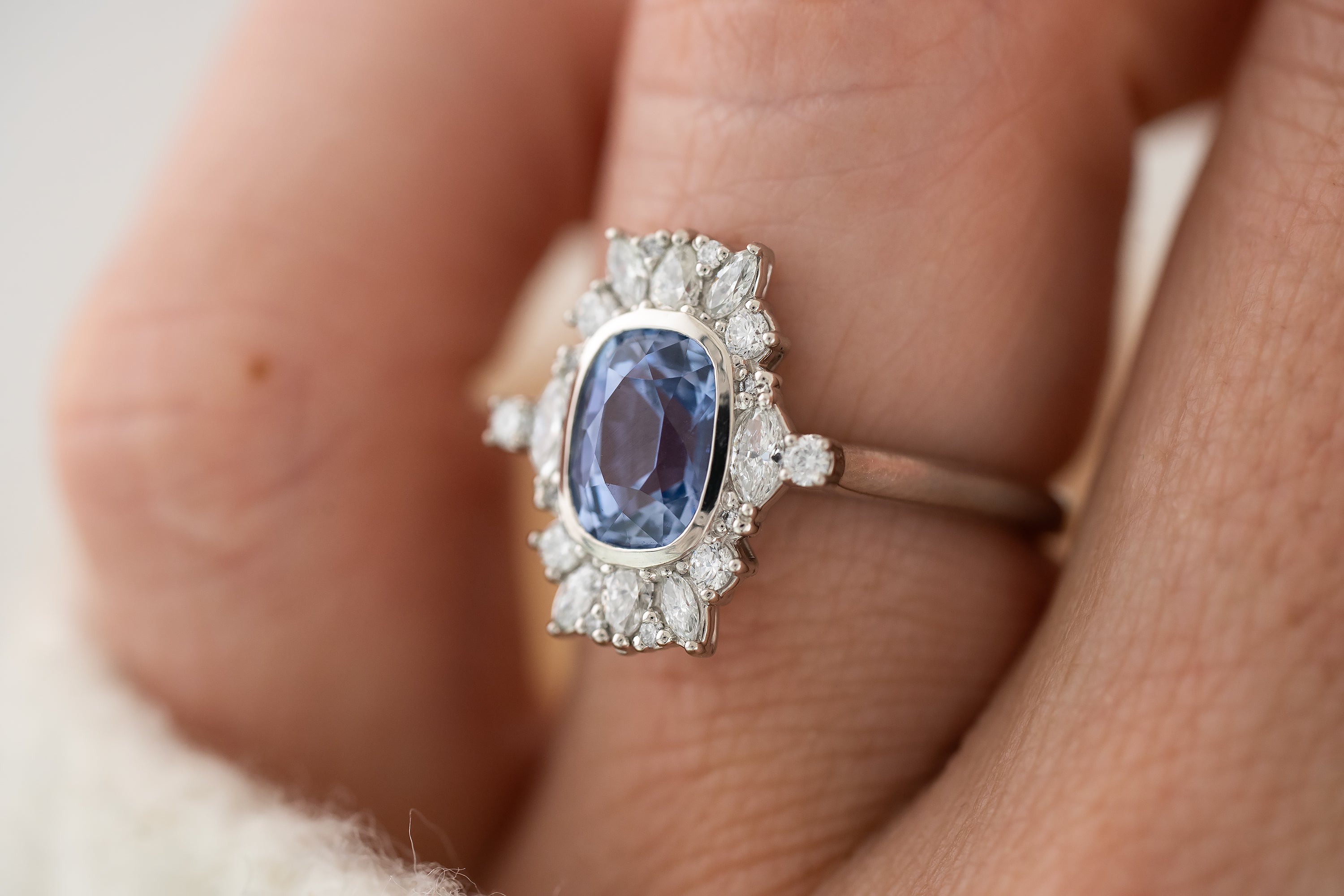The Lace Ring | 2 CT Elongated Cushion Light Blue Sapphire - Lavender Creek Gems