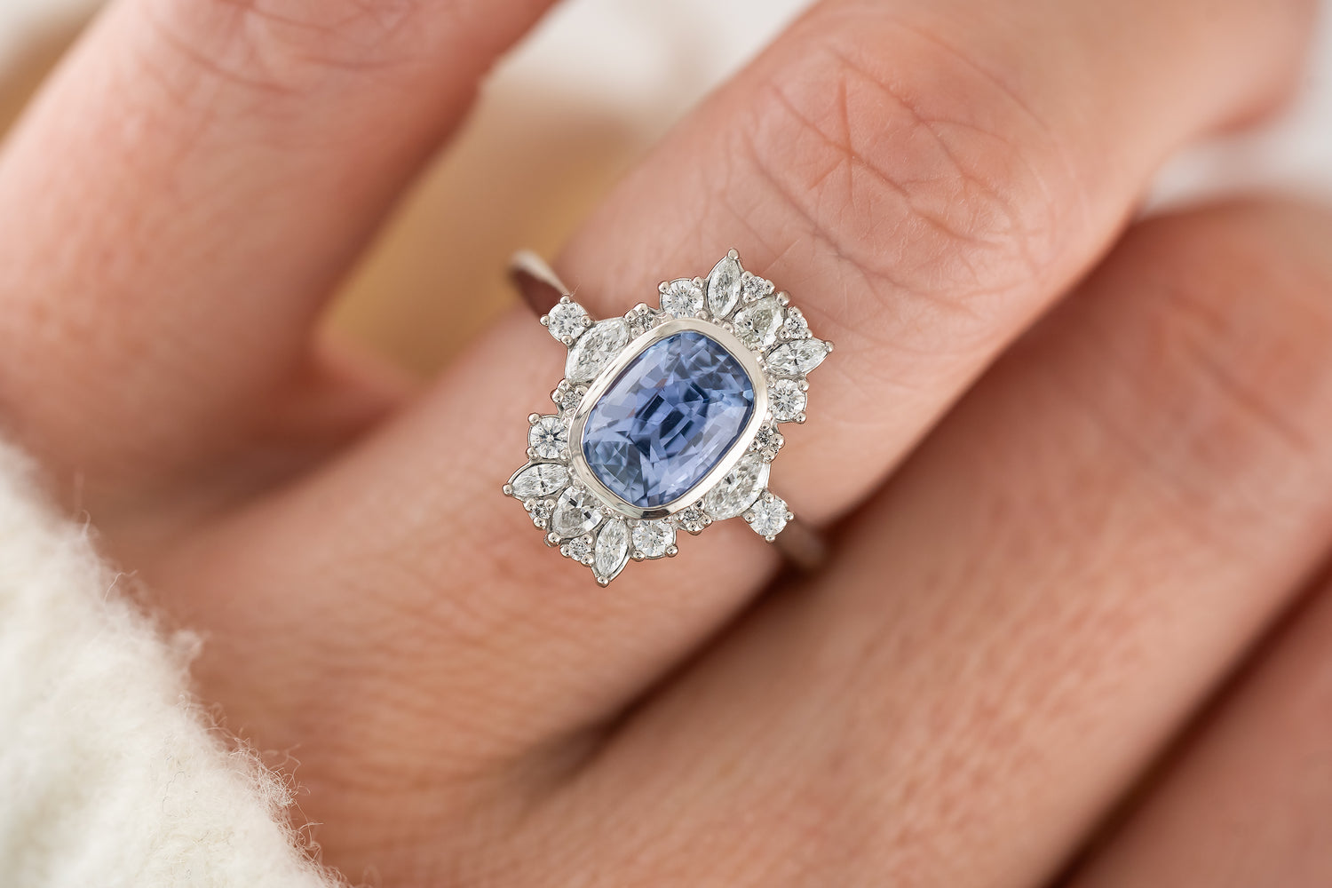 The Lace Ring | 2 CT Elongated Cushion Light Blue Sapphire - Lavender Creek Gems