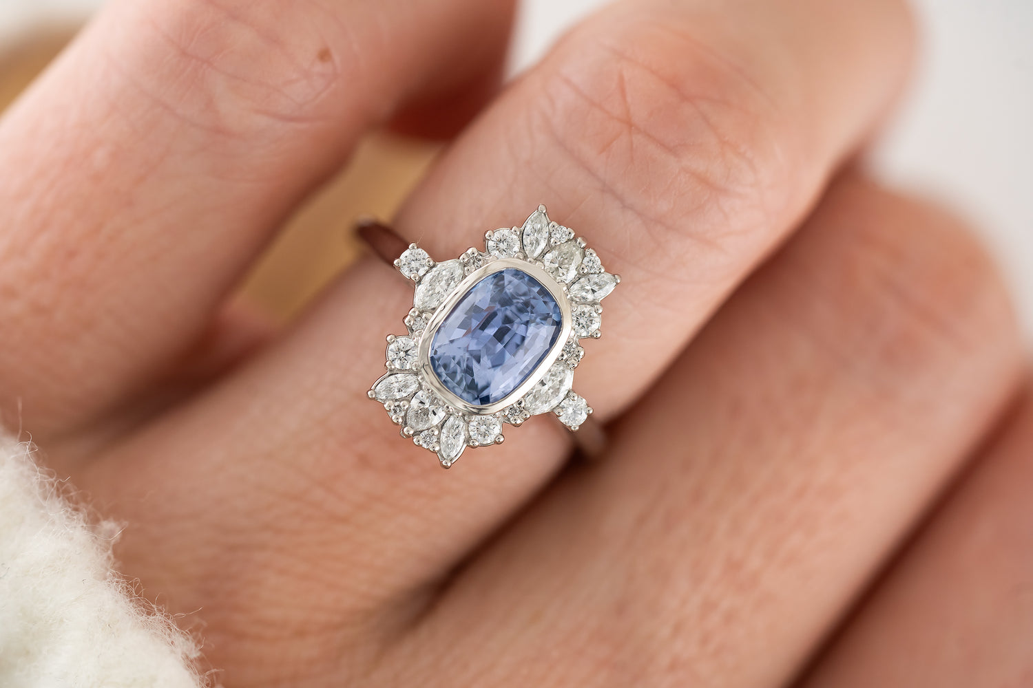 The Lace Ring | 2 CT Elongated Cushion Light Blue Sapphire - Lavender Creek Gems