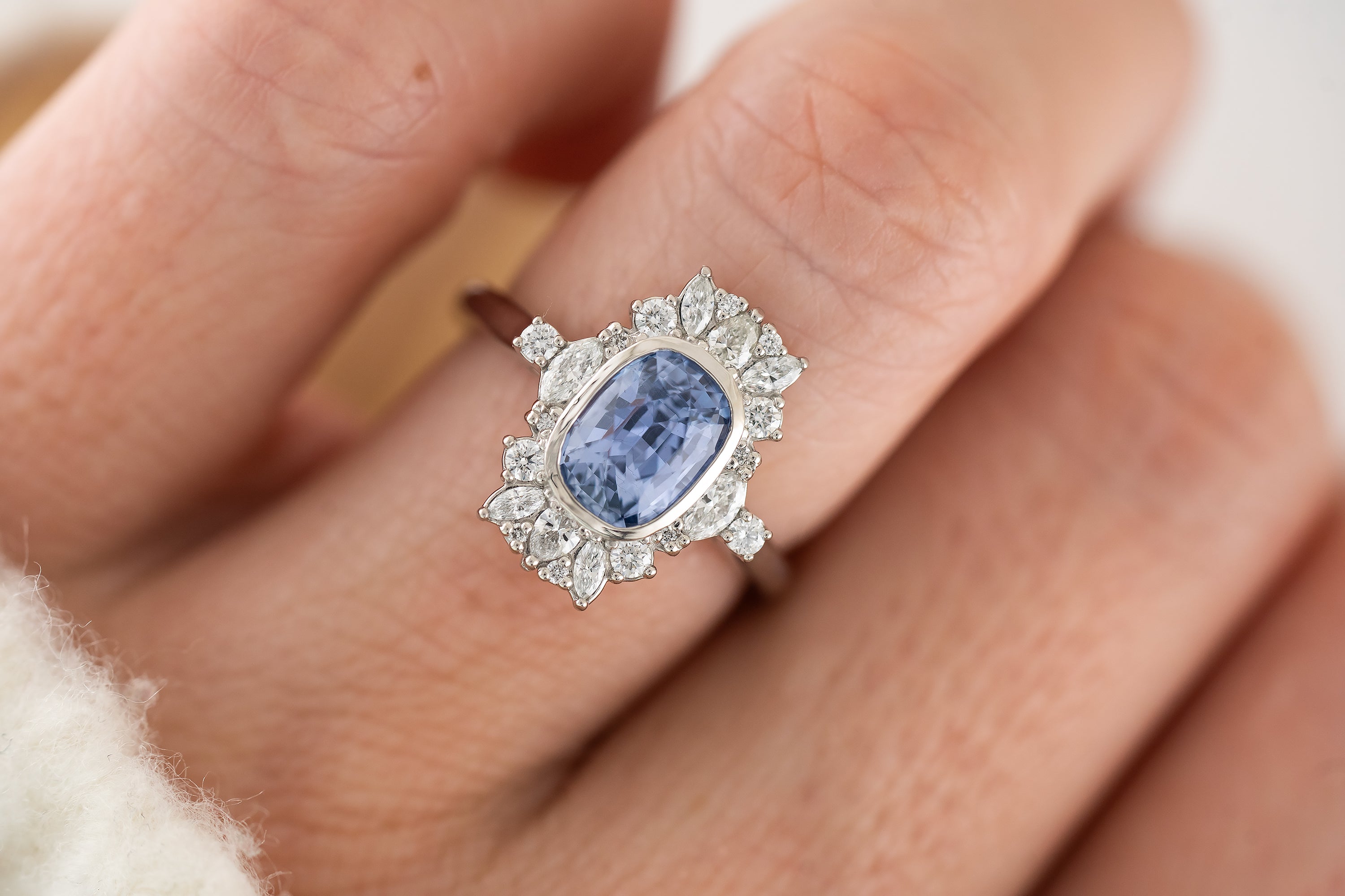 The Lace Ring | 2 CT Elongated Cushion Light Blue Sapphire - Lavender Creek Gems