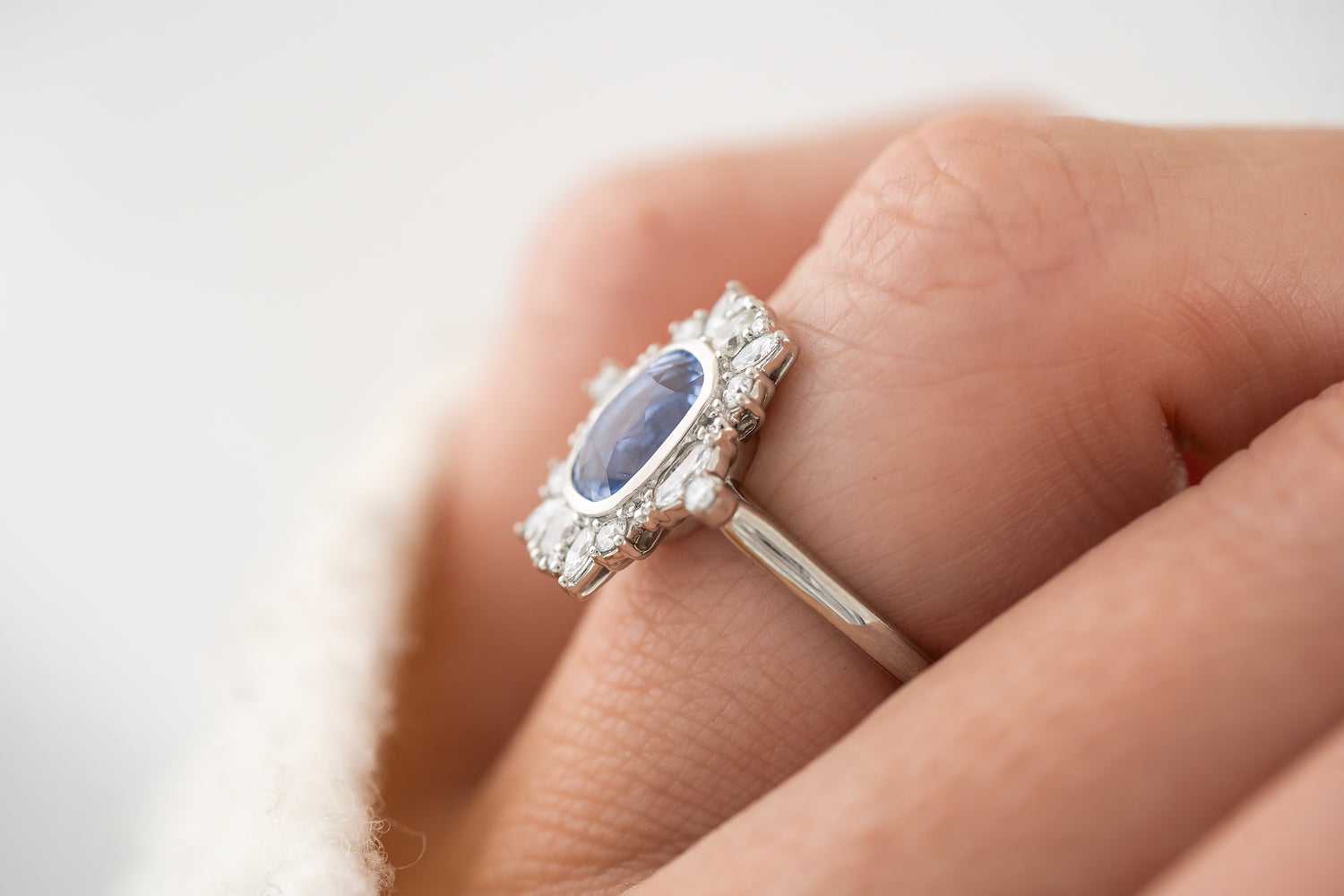 The Lace Ring | 2 CT Elongated Cushion Light Blue Sapphire - Lavender Creek Gems