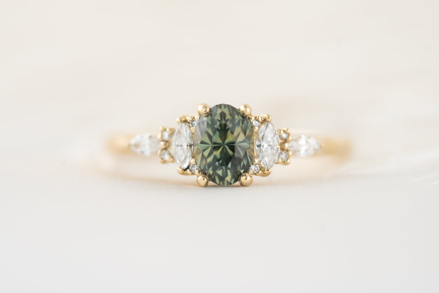 The Maeve Ring | 1.1 Regal Radiant™ Oval Parti Green Montana Sapphire - Lavender Creek Gems
