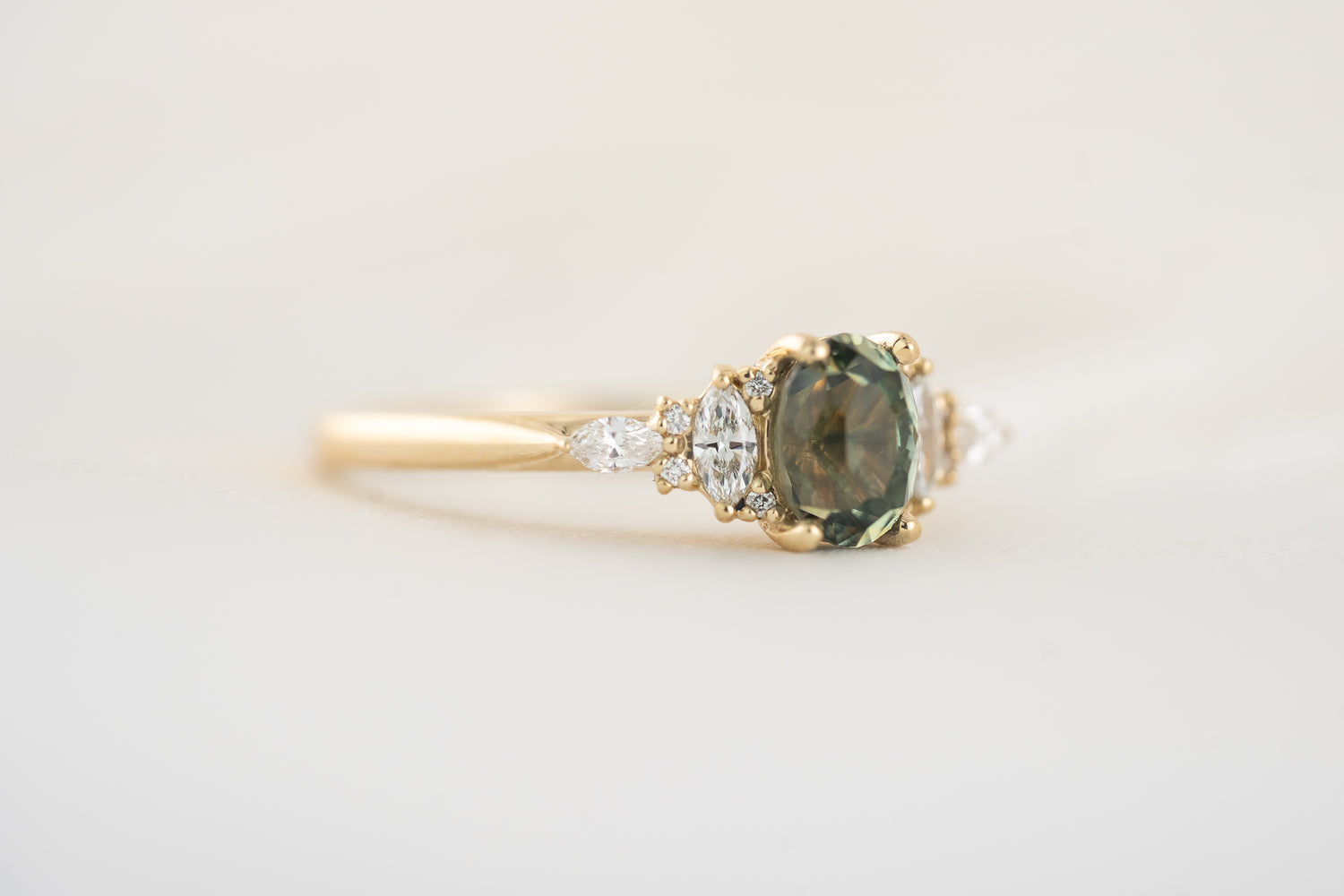 The Maeve Ring | 1.1 Regal Radiant™ Oval Parti Green Montana Sapphire - Lavender Creek Gems