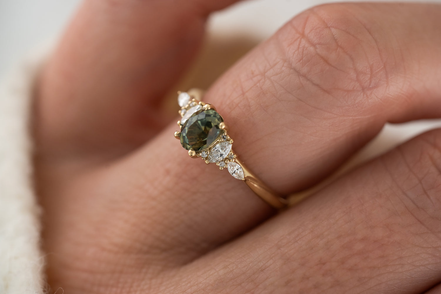The Maeve Ring | 1.1 Regal Radiant™ Oval Parti Green Montana Sapphire - Lavender Creek Gems