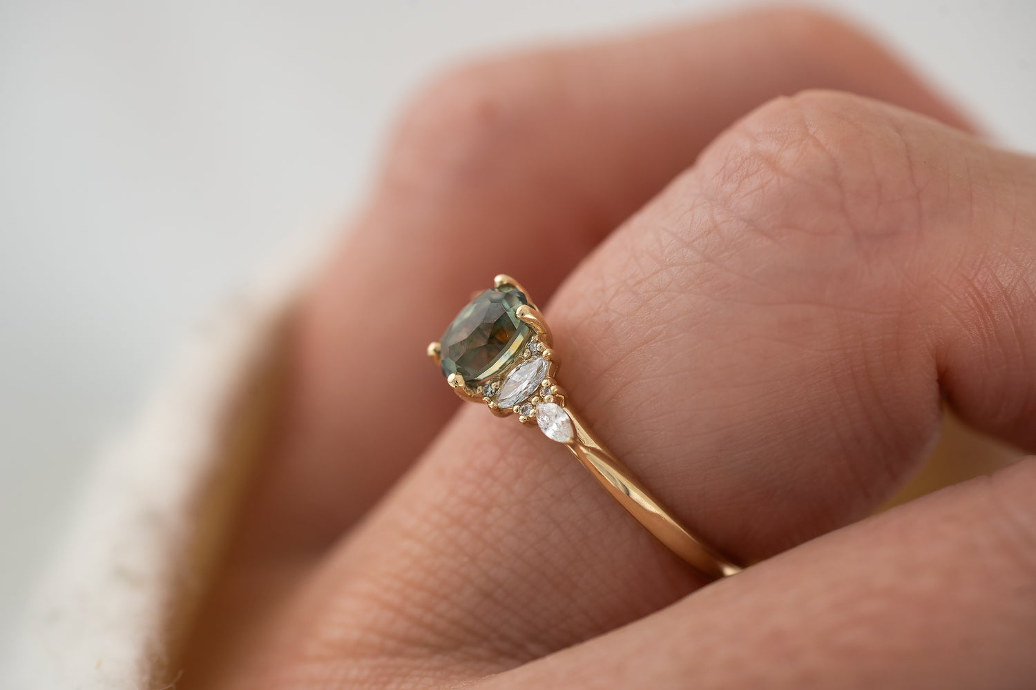 The Maeve Ring | 1.1 Regal Radiant™ Oval Parti Green Montana Sapphire - Lavender Creek Gems