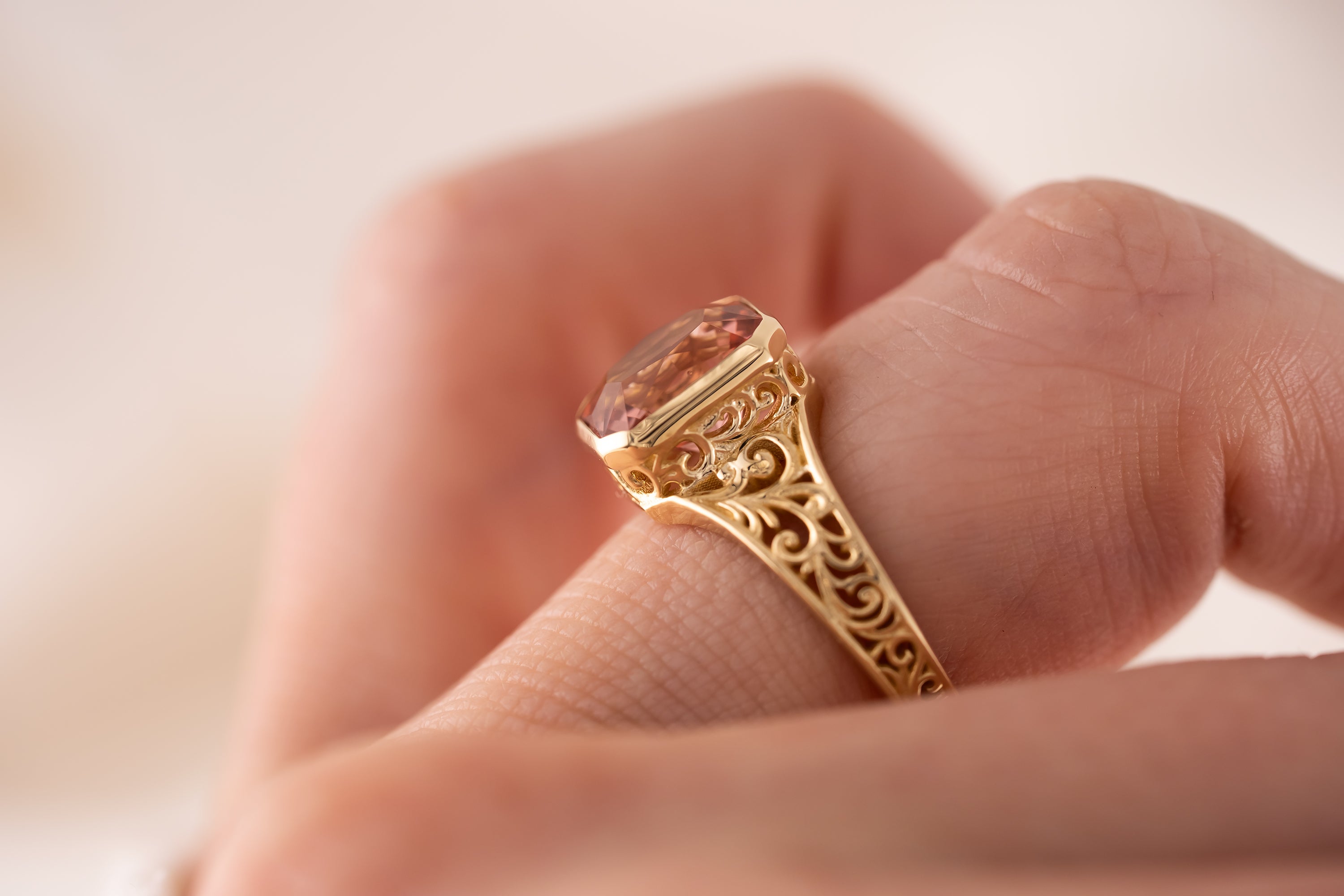 The Endearment Ring | 2.7 Radiant Peach Tourmaline - Lavender Creek Gems