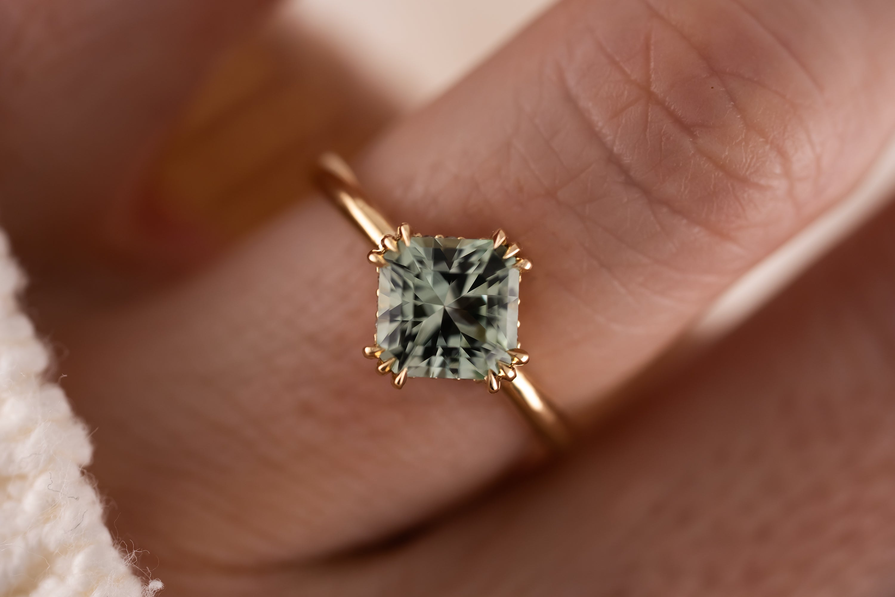 The Thalassa Ring | 2.01 CT Square Radiant Mint/Sage Green Tourmaline + Hidden Halo - Lavender Creek Gems
