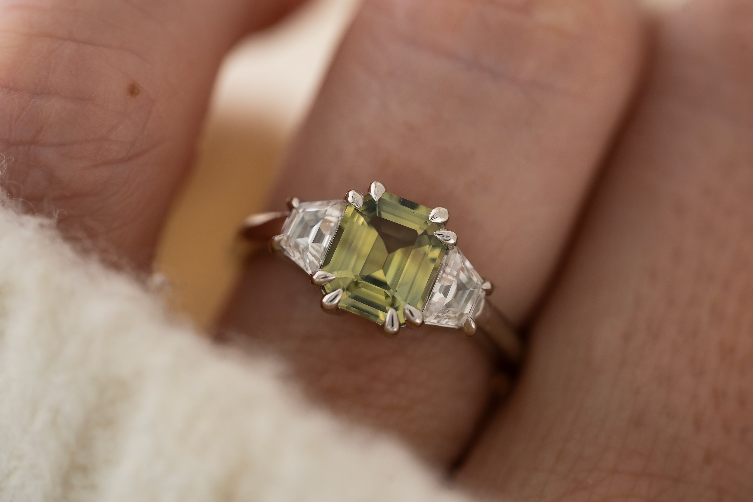 The Tría Ring | 1.9 CT Emerald Cut Green Sapphire - Lavender Creek Gems