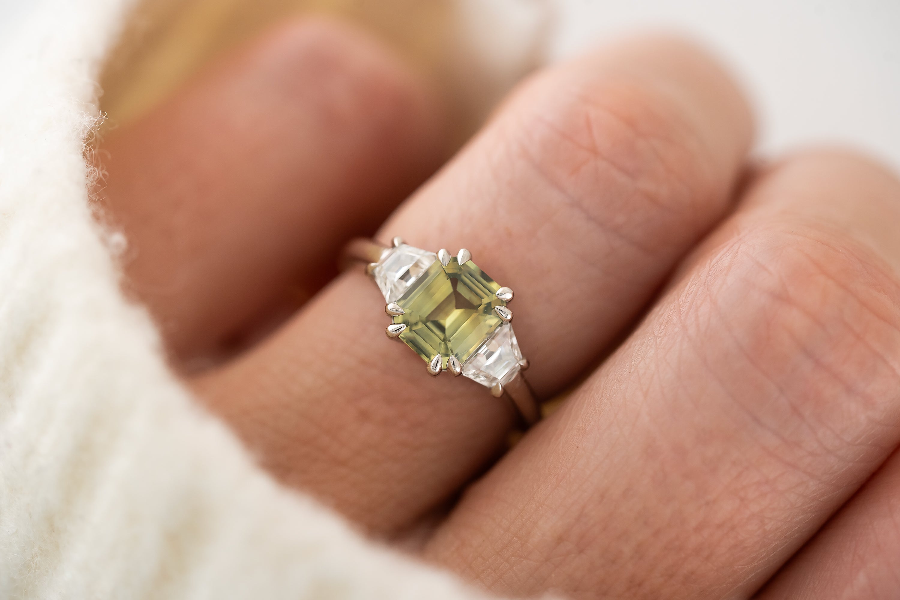 The Tría Ring | 1.9 CT Emerald Cut Green Sapphire - Lavender Creek Gems