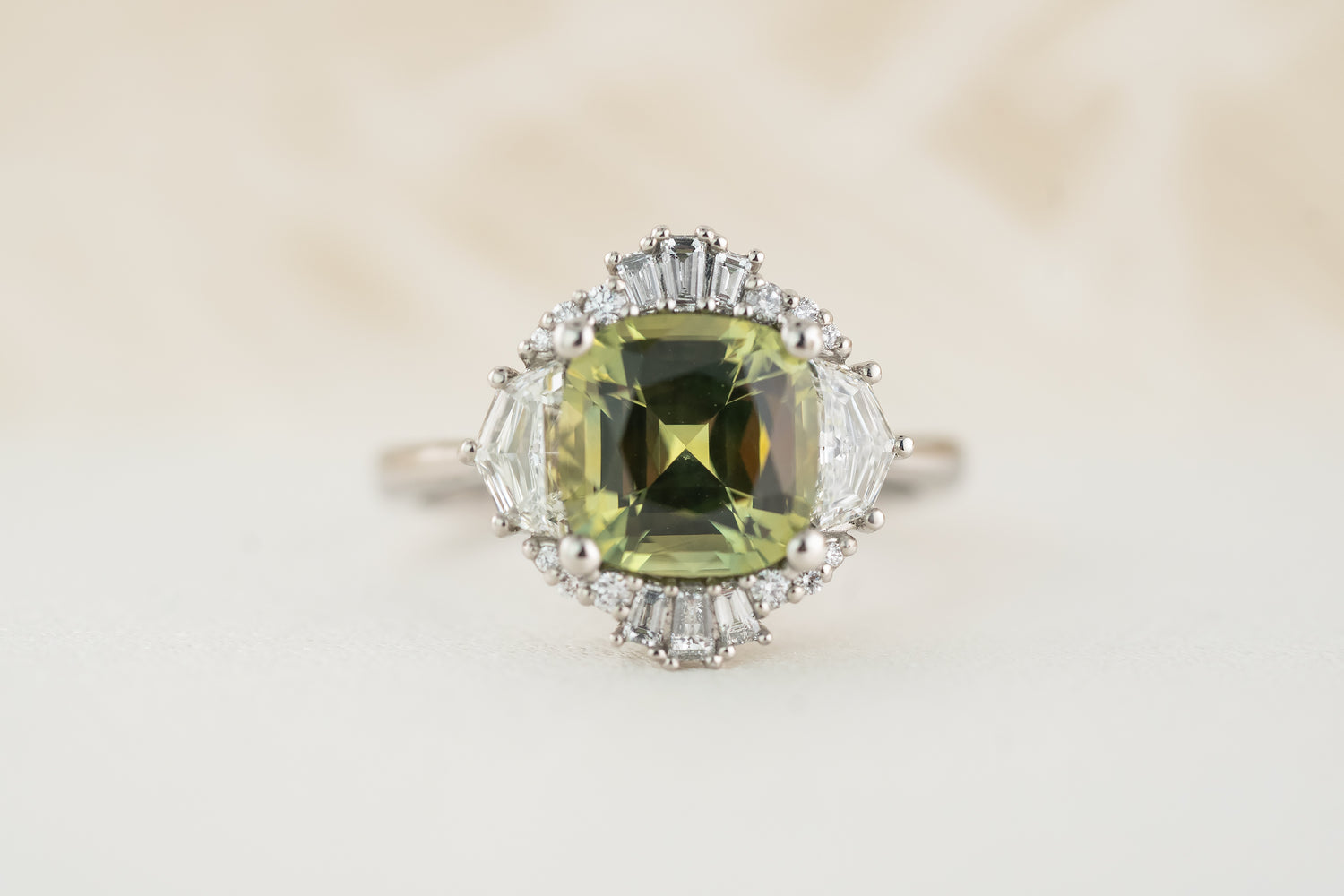 The Yara Ring | 3.4 CT Cushion Green Montana Sapphire - Lavender Creek Gems