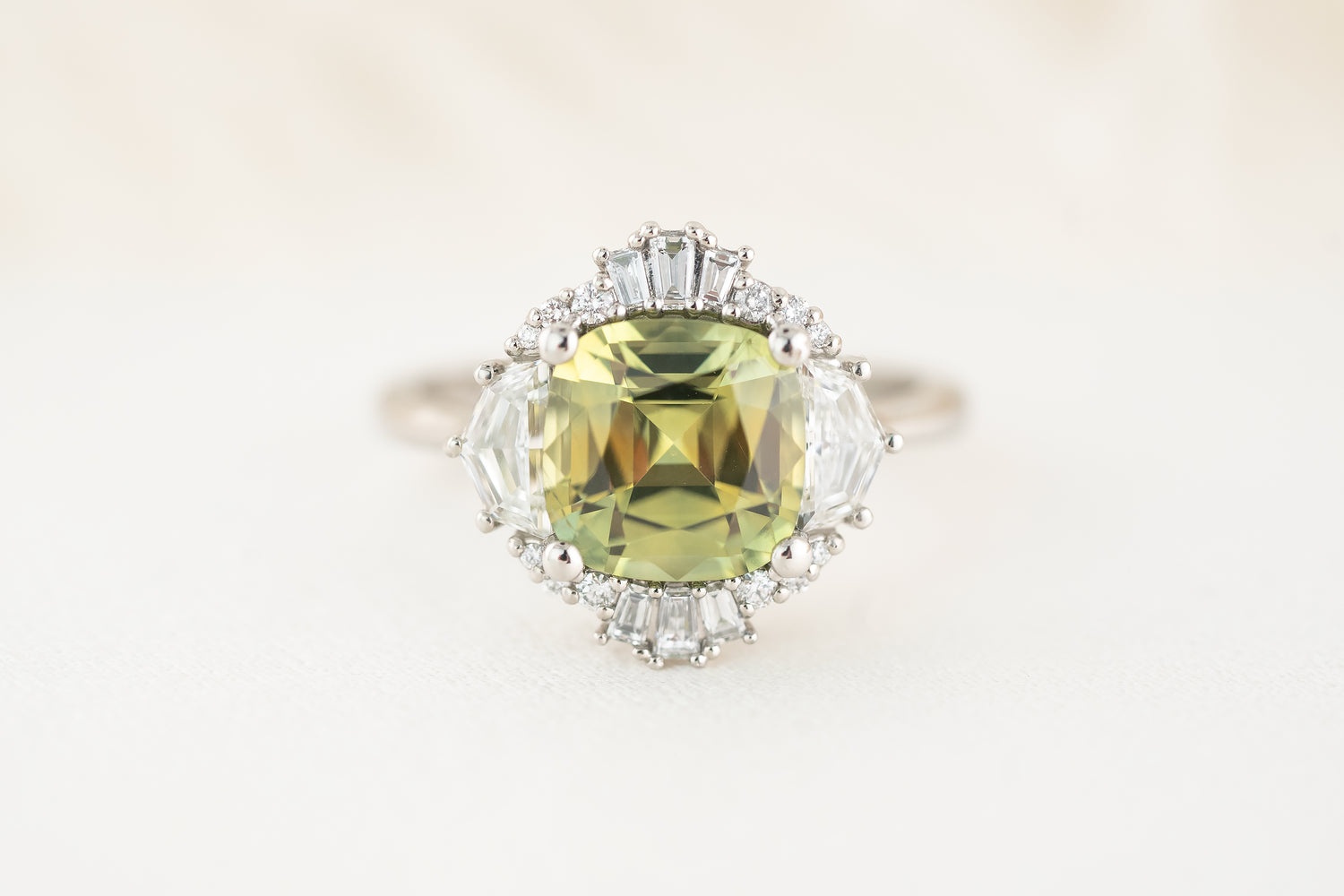 The Yara Ring | 3.4 CT Cushion Green Montana Sapphire - Lavender Creek Gems