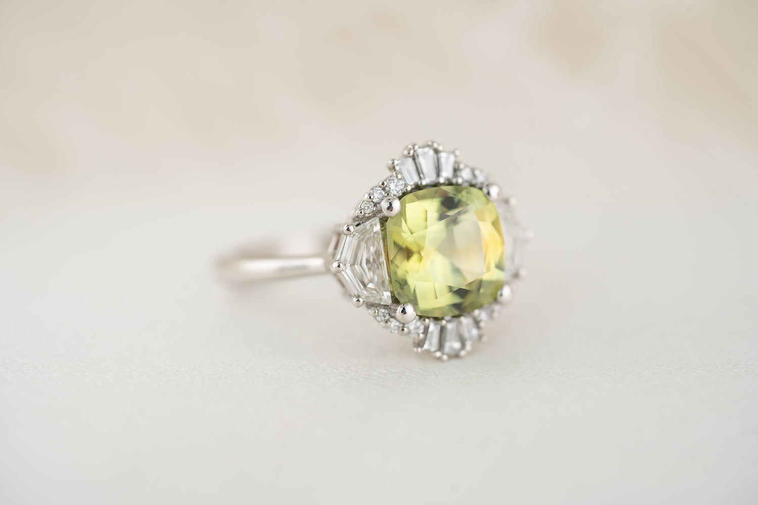 The Yara Ring | 3.4 CT Cushion Green Montana Sapphire - Lavender Creek Gems