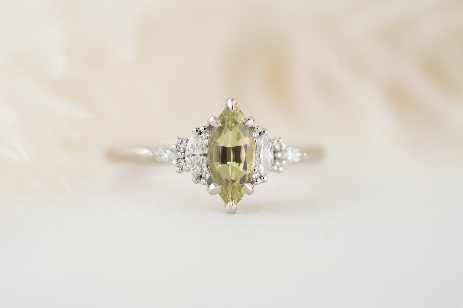 The Maeve Ring | 0.79 CT Marquise Pastel Lime Green Sapphire - Lavender Creek Gems