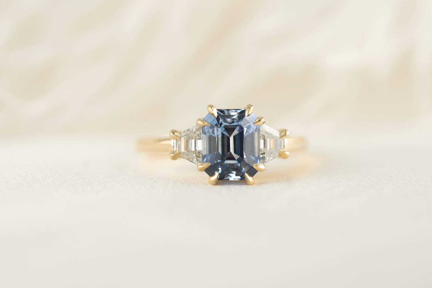 The Tría Ring | 2.76 CT Emerald Cut Cornflower Blue Sapphire - Lavender Creek Gems