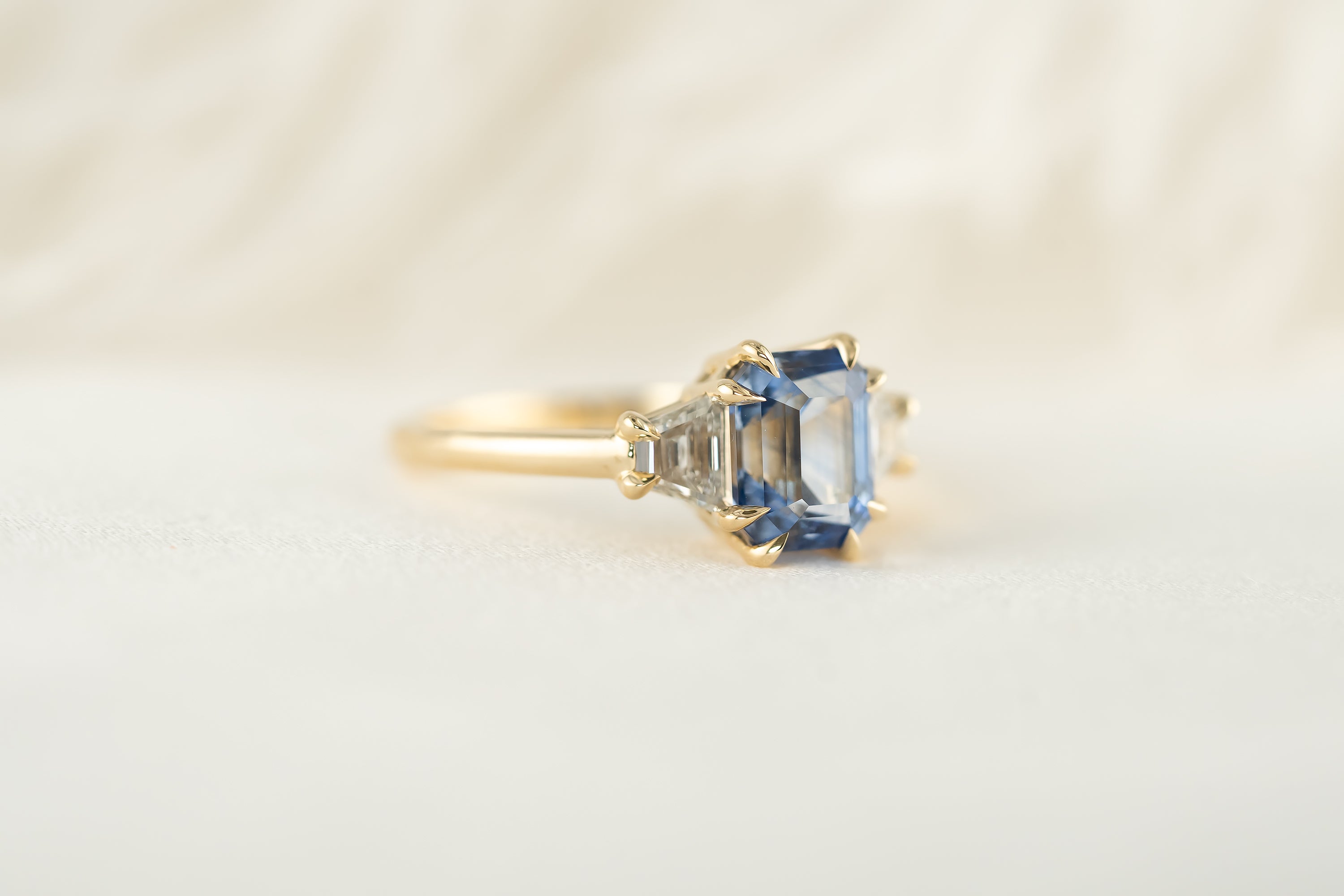 The Tría Ring | 2.76 CT Emerald Cut Cornflower Blue Sapphire - Lavender Creek Gems