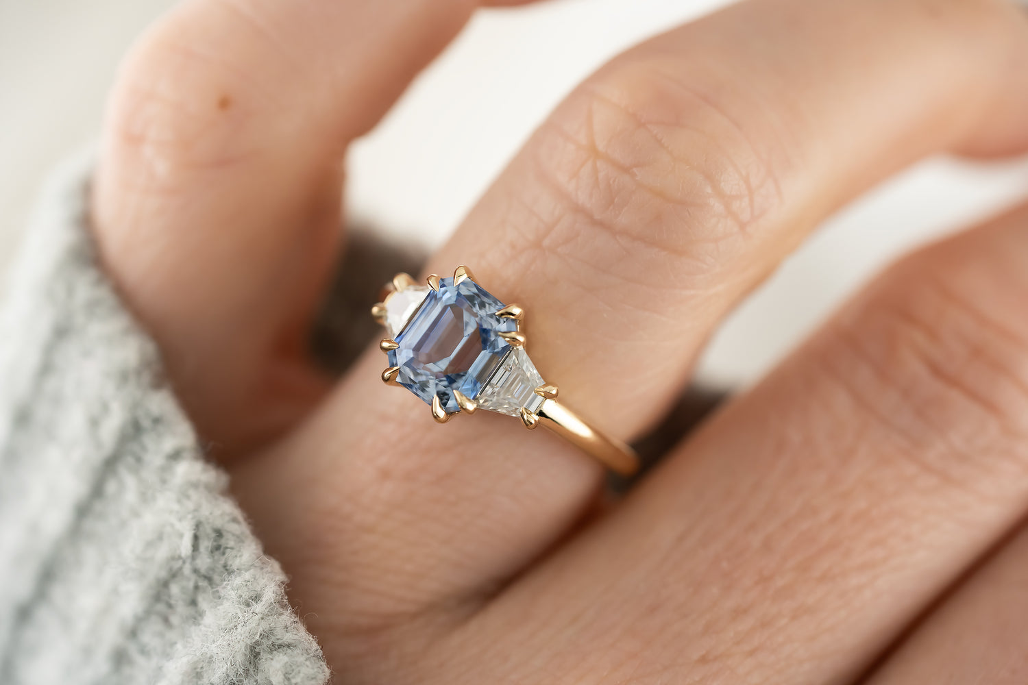 The Tría Ring | 2.76 CT Emerald Cut Cornflower Blue Sapphire - Lavender Creek Gems