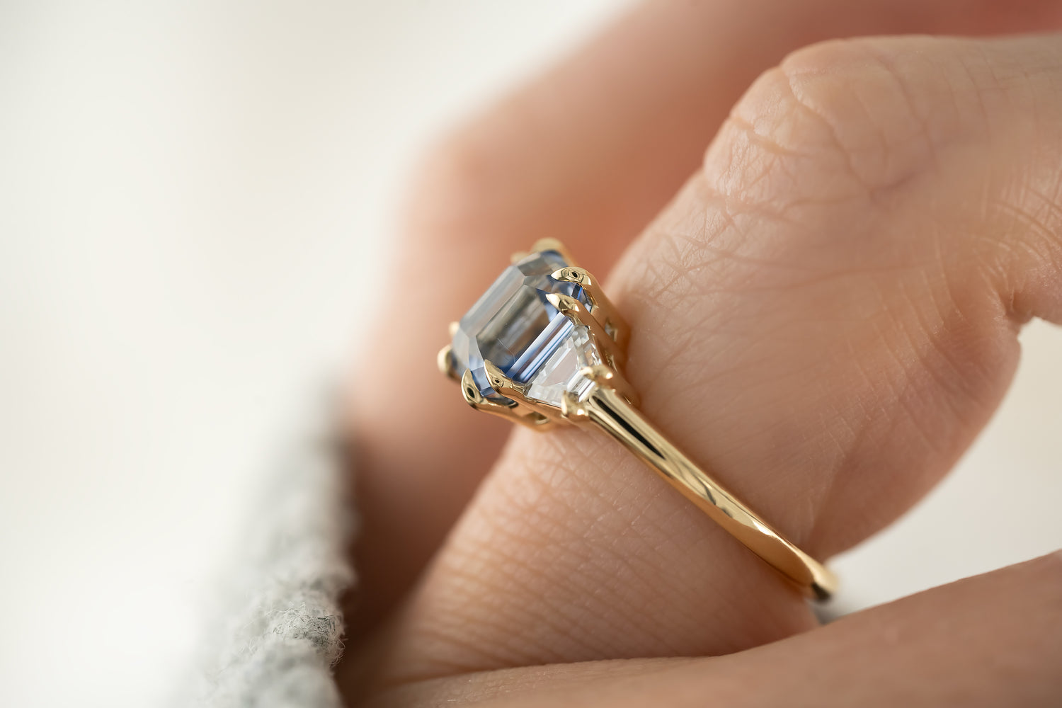 The Tría Ring | 2.76 CT Emerald Cut Cornflower Blue Sapphire - Lavender Creek Gems