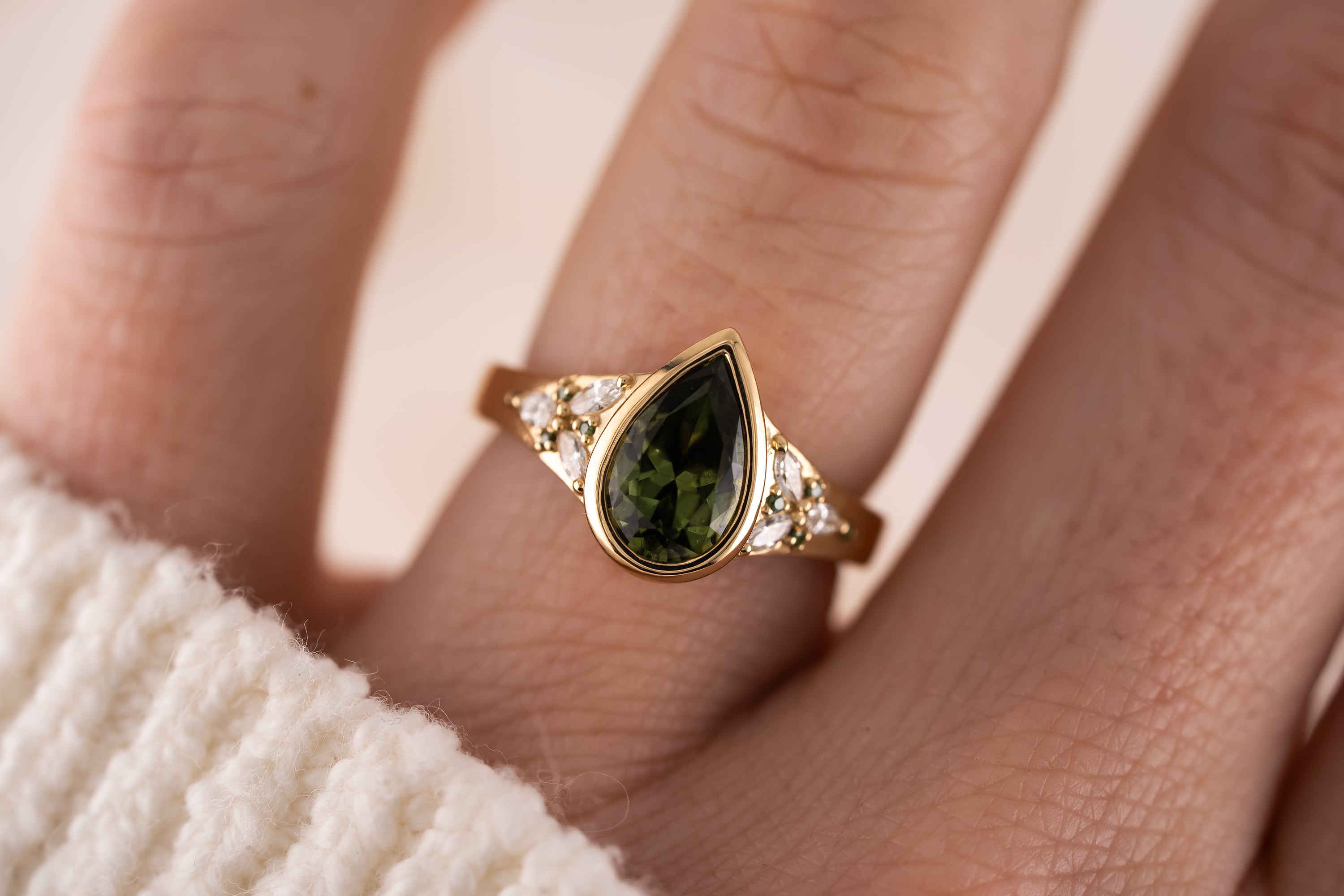 The Daylight Ring | 1.72 CT Pear Forest Green Sapphire - Lavender Creek Gems