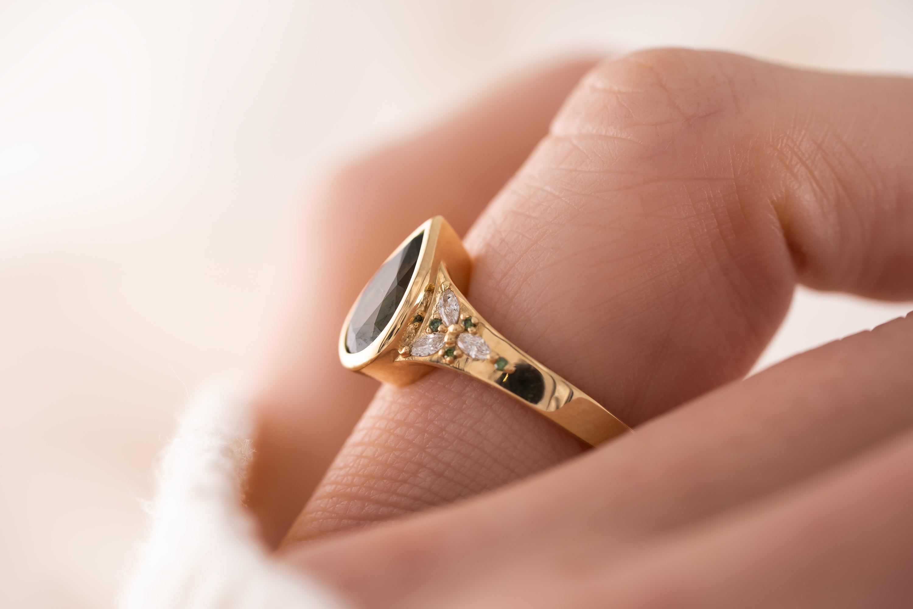 The Daylight Ring | 1.72 CT Pear Forest Green Sapphire - Lavender Creek Gems