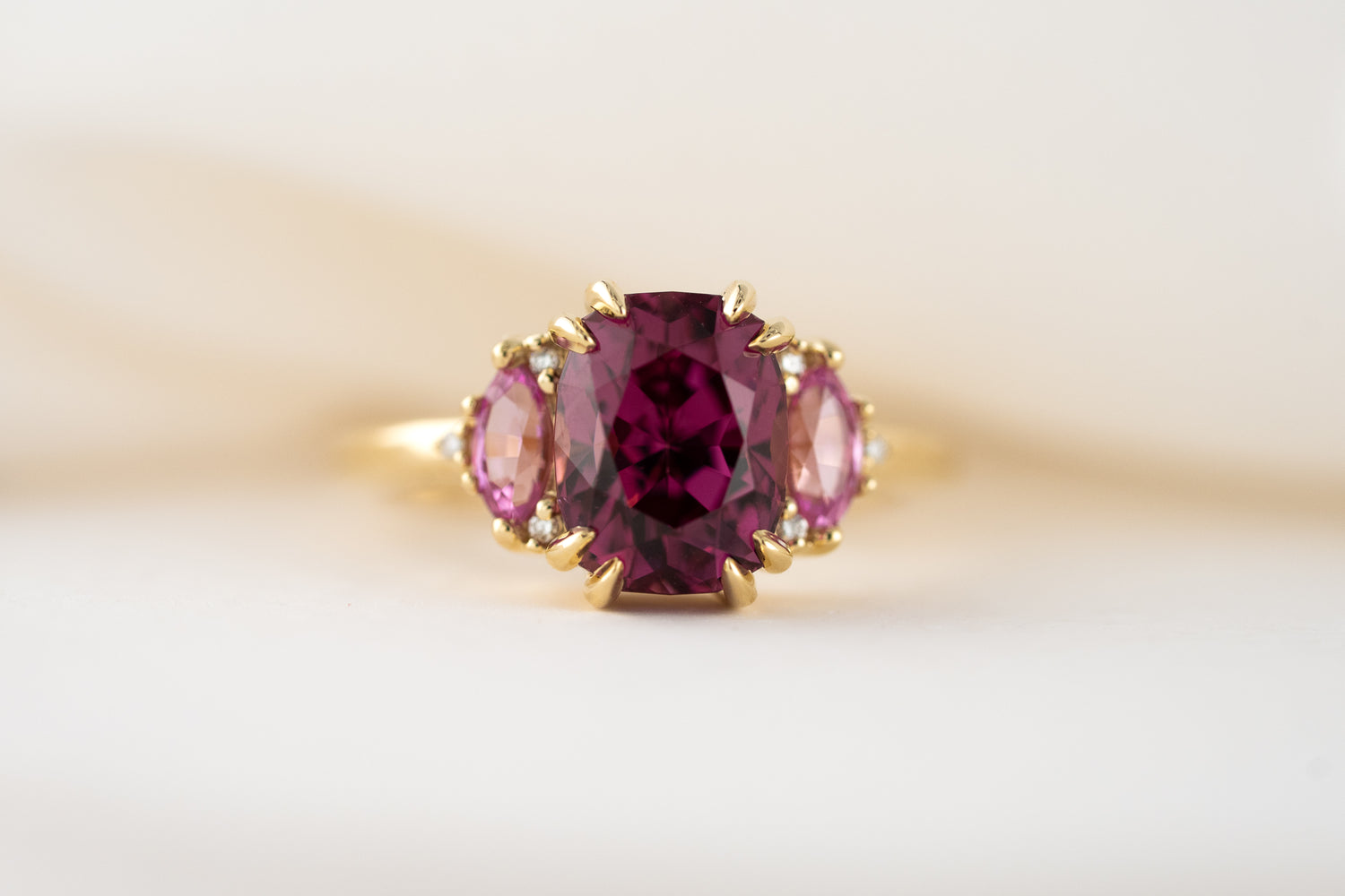 The Low Maren Ring | 3.88 CT Cushion Pink Garnet + Pink Sapphire - Lavender Creek Gems