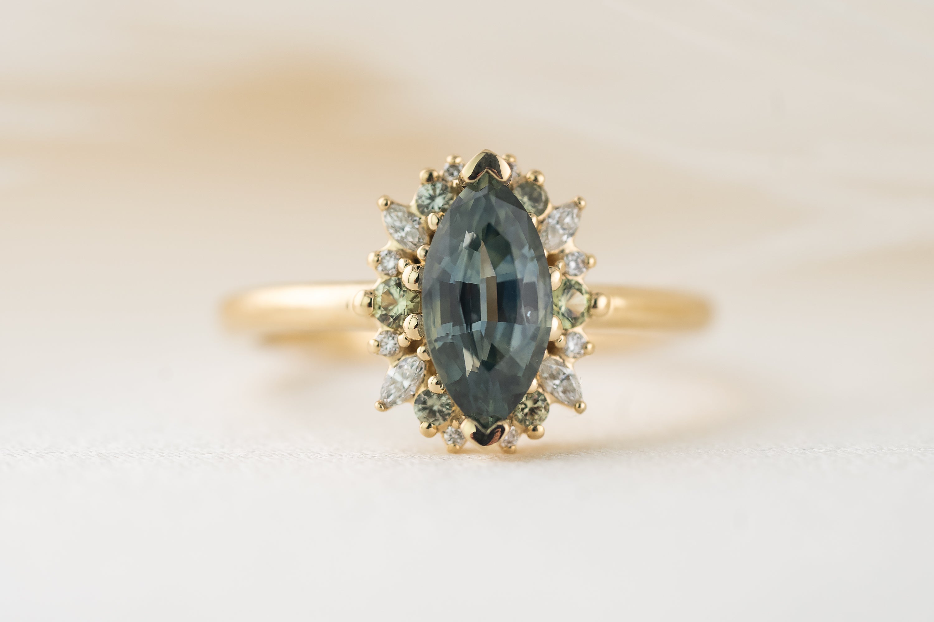 The Eleanor Ring | 1.4 CT Marquise Teal Montana Sapphire + Green Sapphire Accents - Lavender Creek Gems