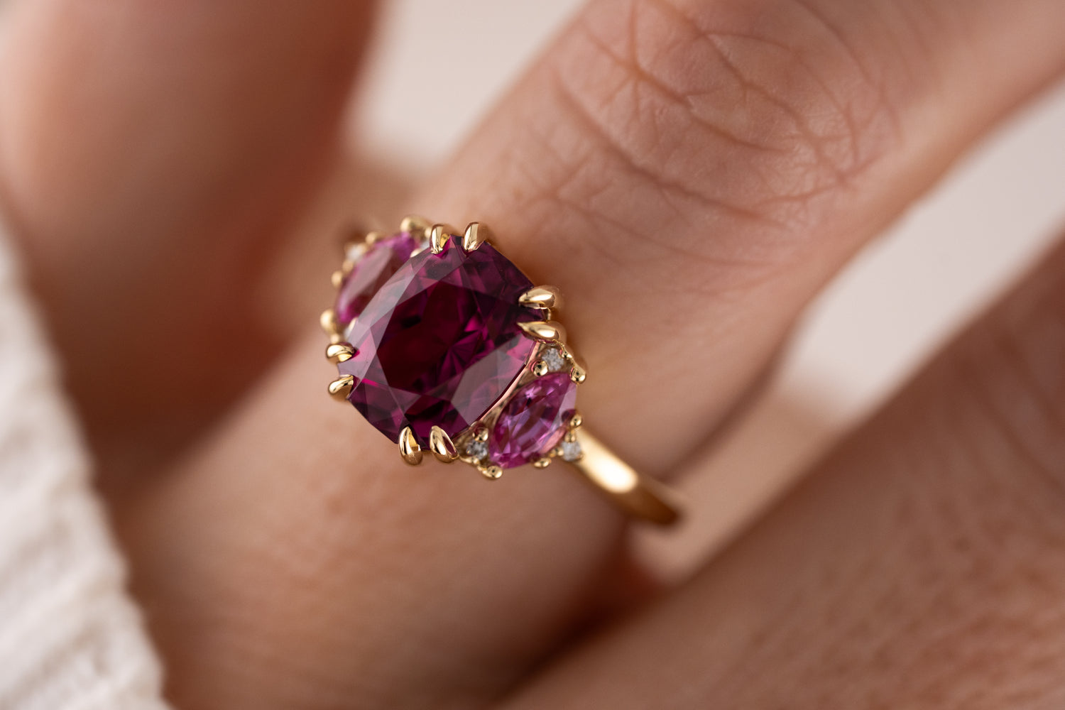 The Low Maren Ring | 3.88 CT Cushion Pink Garnet + Pink Sapphire - Lavender Creek Gems
