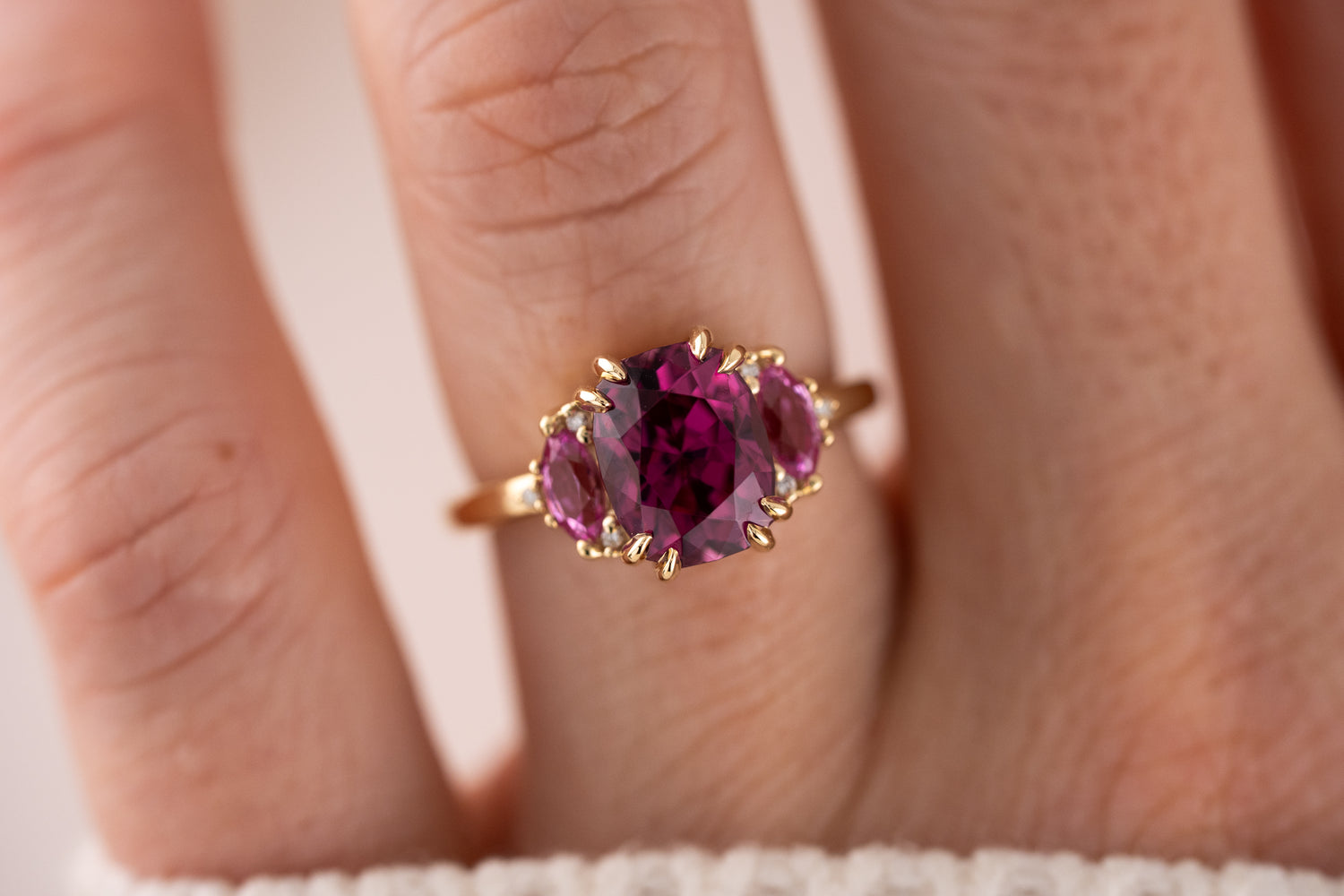 The Low Maren Ring | 3.88 CT Cushion Pink Garnet + Pink Sapphire - Lavender Creek Gems