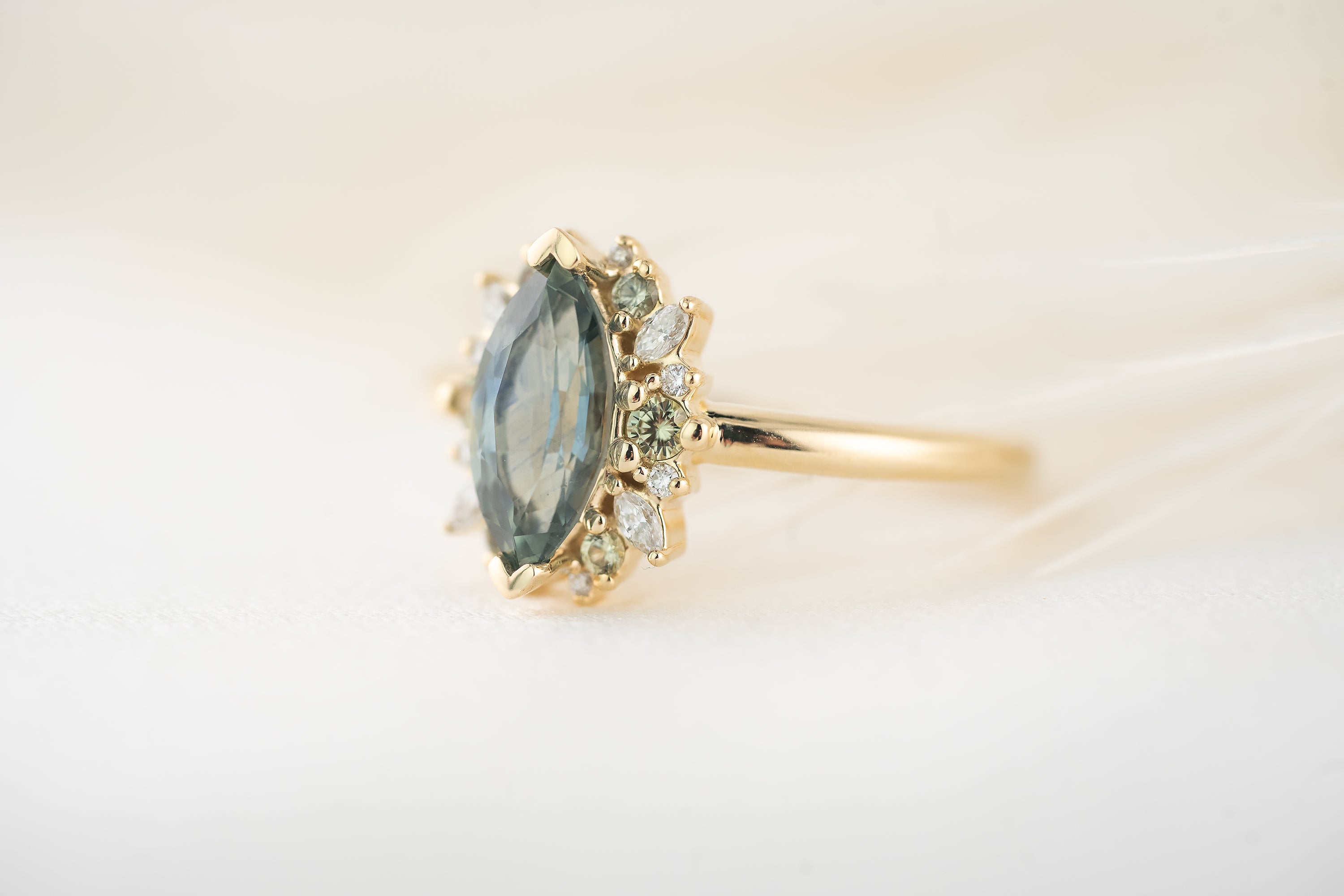 The Eleanor Ring | 1.4 CT Marquise Teal Montana Sapphire + Green Sapphire Accents - Lavender Creek Gems