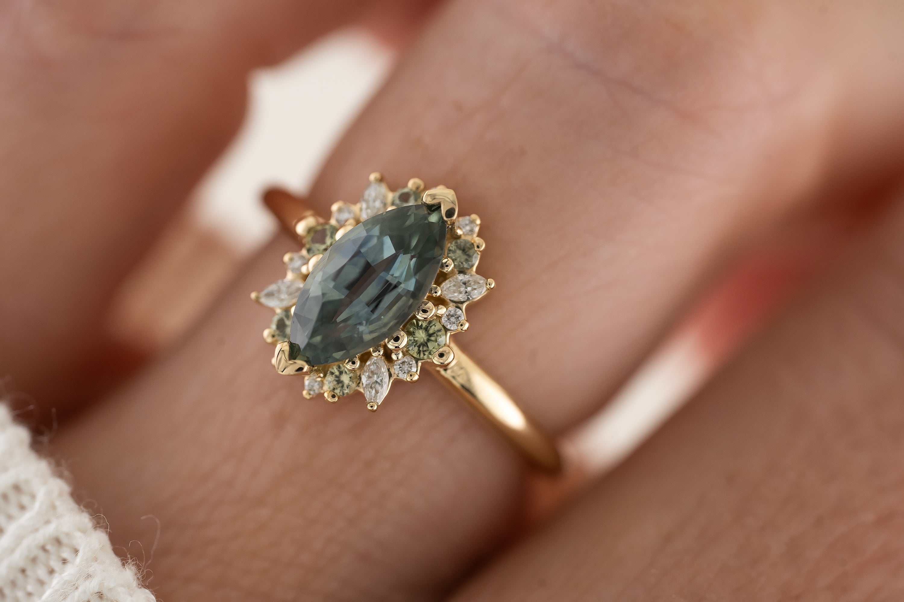 The Eleanor Ring | 1.4 CT Marquise Teal Montana Sapphire + Green Sapphire Accents - Lavender Creek Gems
