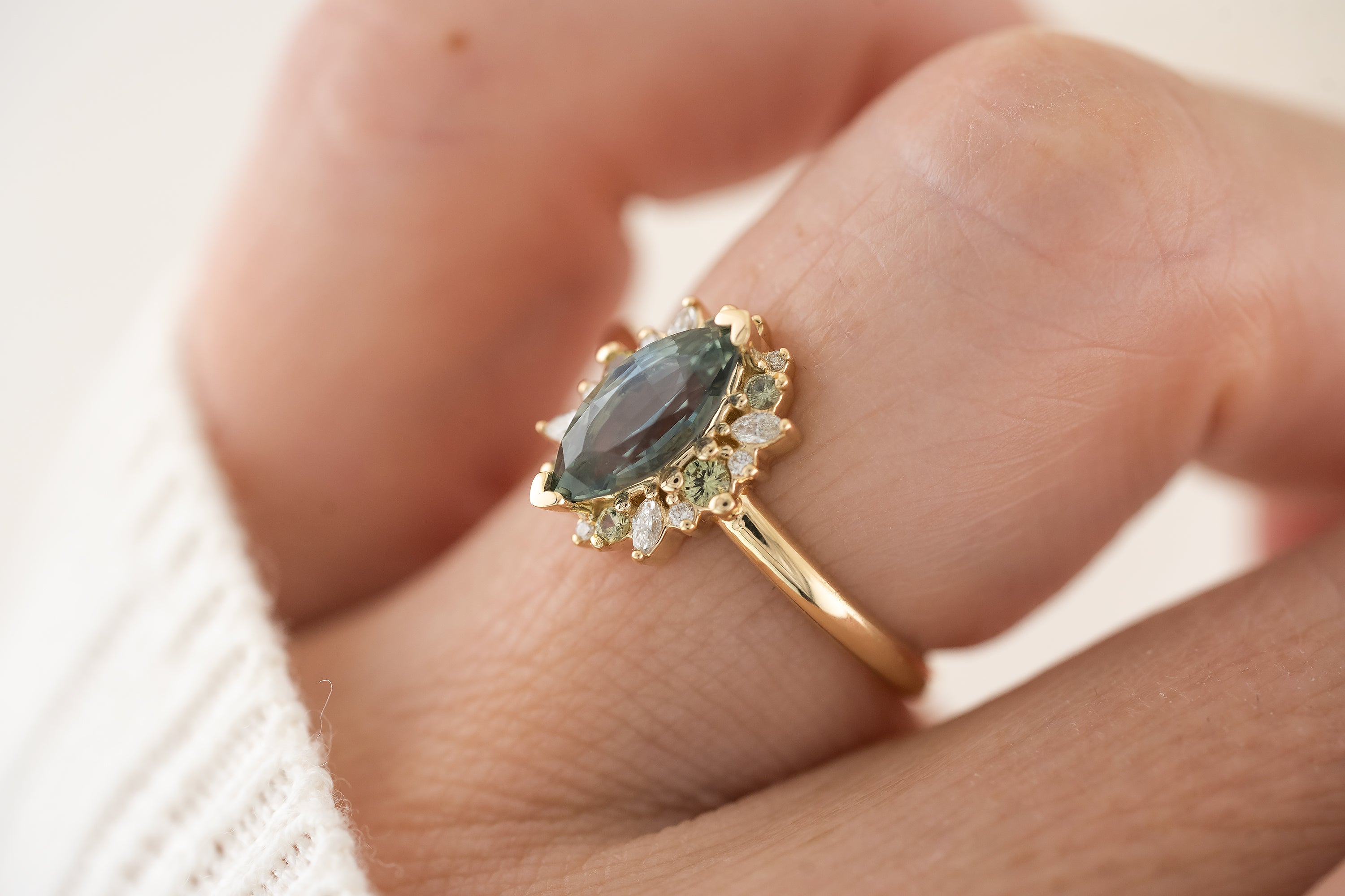 The Eleanor Ring | 1.4 CT Marquise Teal Montana Sapphire + Green Sapphire Accents - Lavender Creek Gems