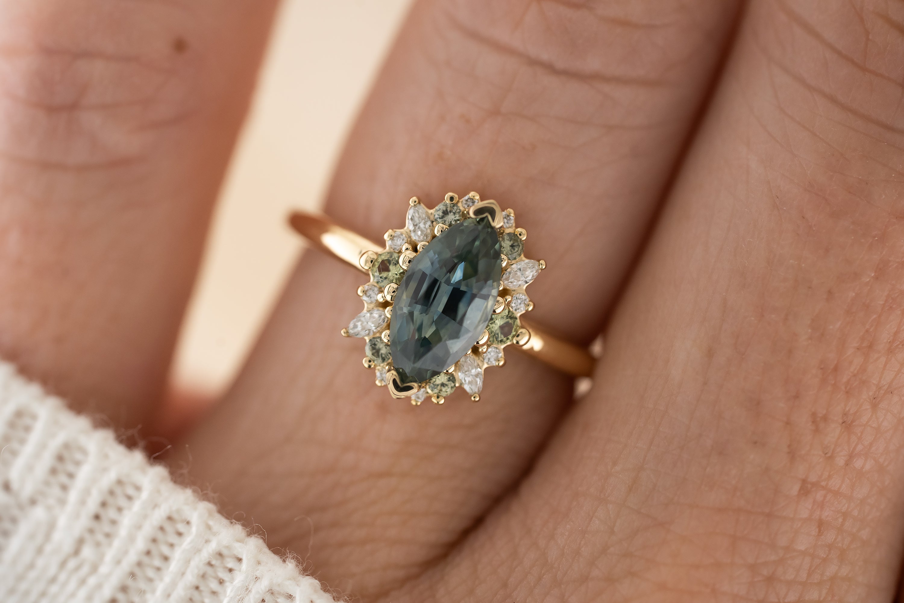 The Eleanor Ring | 1.4 CT Marquise Teal Montana Sapphire + Green Sapphire Accents - Lavender Creek Gems