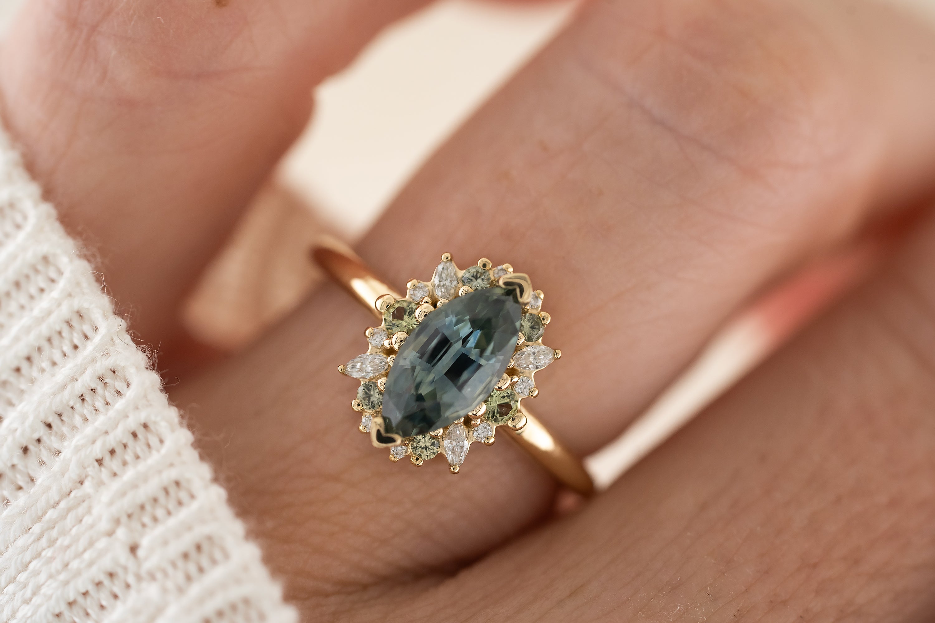 The Eleanor Ring | 1.4 CT Marquise Teal Montana Sapphire + Green Sapphire Accents - Lavender Creek Gems