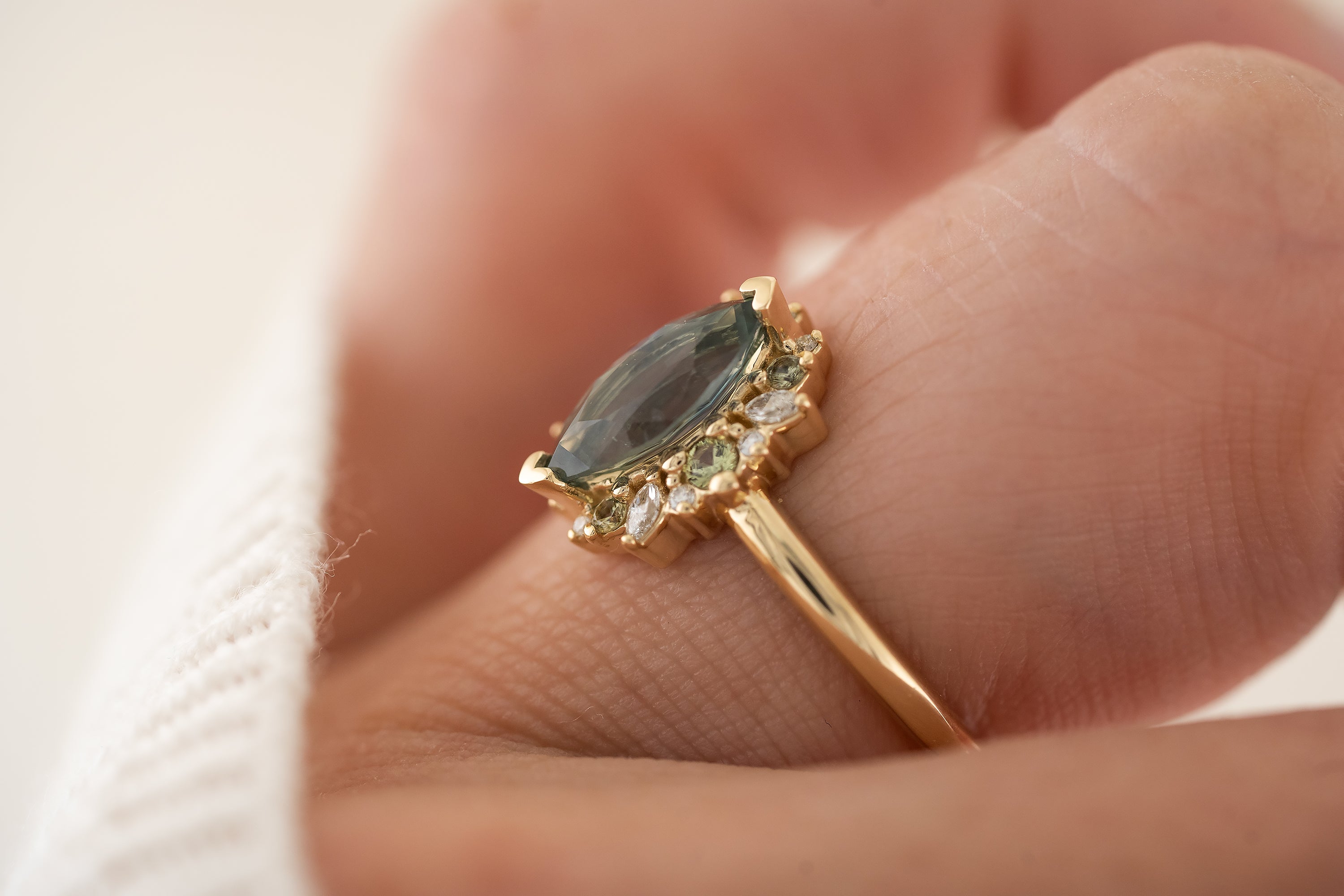 The Eleanor Ring | 1.4 CT Marquise Teal Montana Sapphire + Green Sapphire Accents - Lavender Creek Gems