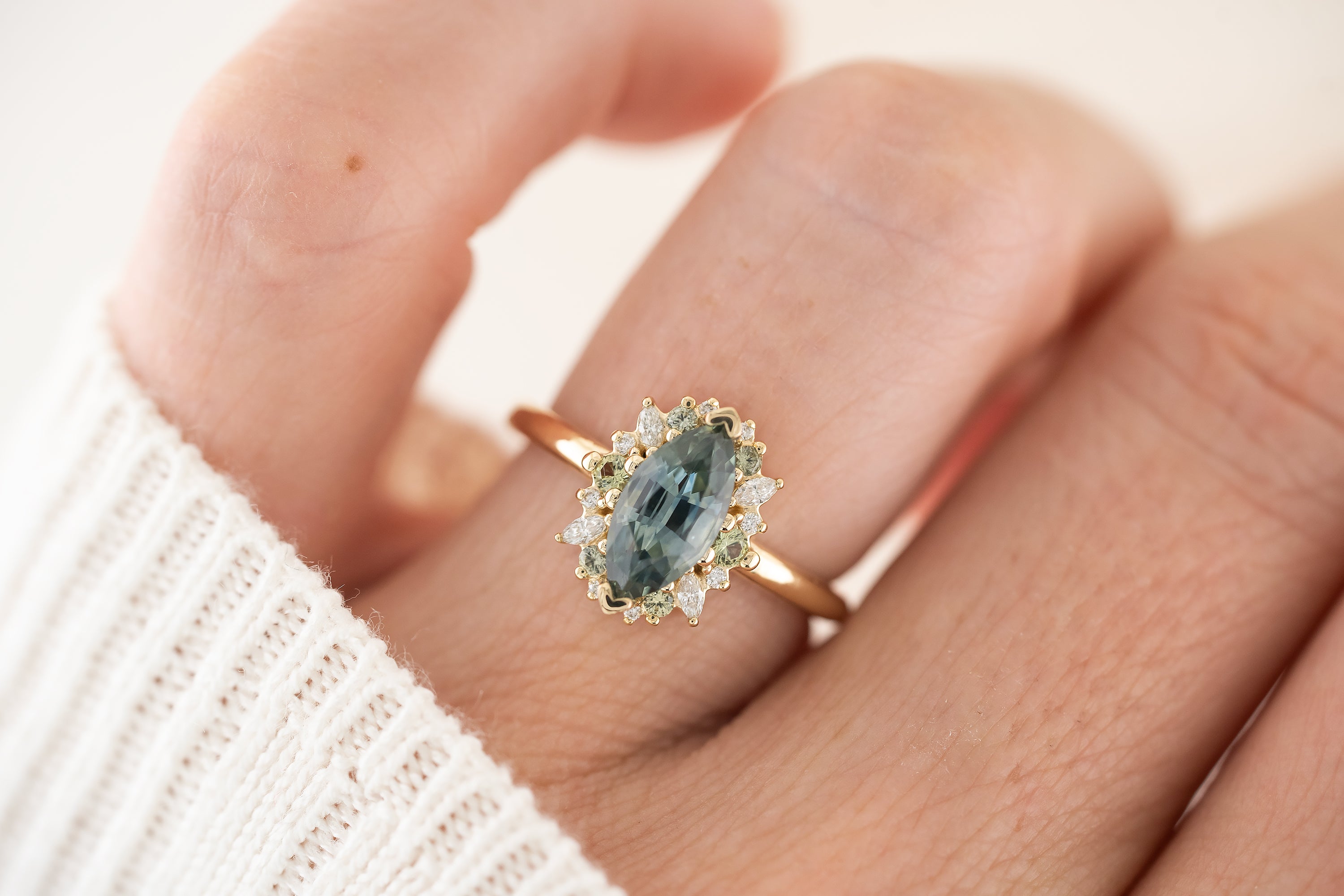 The Eleanor Ring | 1.4 CT Marquise Teal Montana Sapphire + Green Sapphire Accents - Lavender Creek Gems