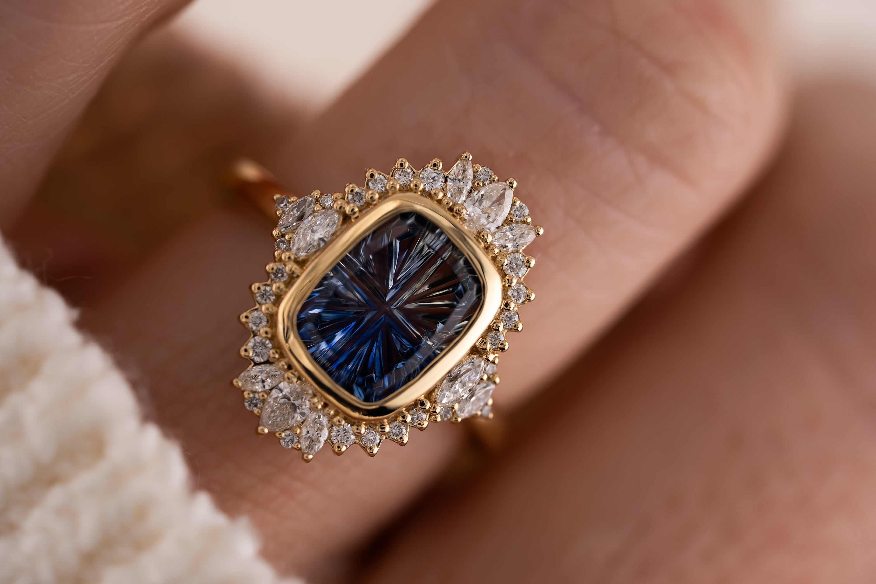 The Ethereal Ring | 3.82 Elongated Cushion Starbrite™ Bicolor Blue Sapphire - Lavender Creek Gems