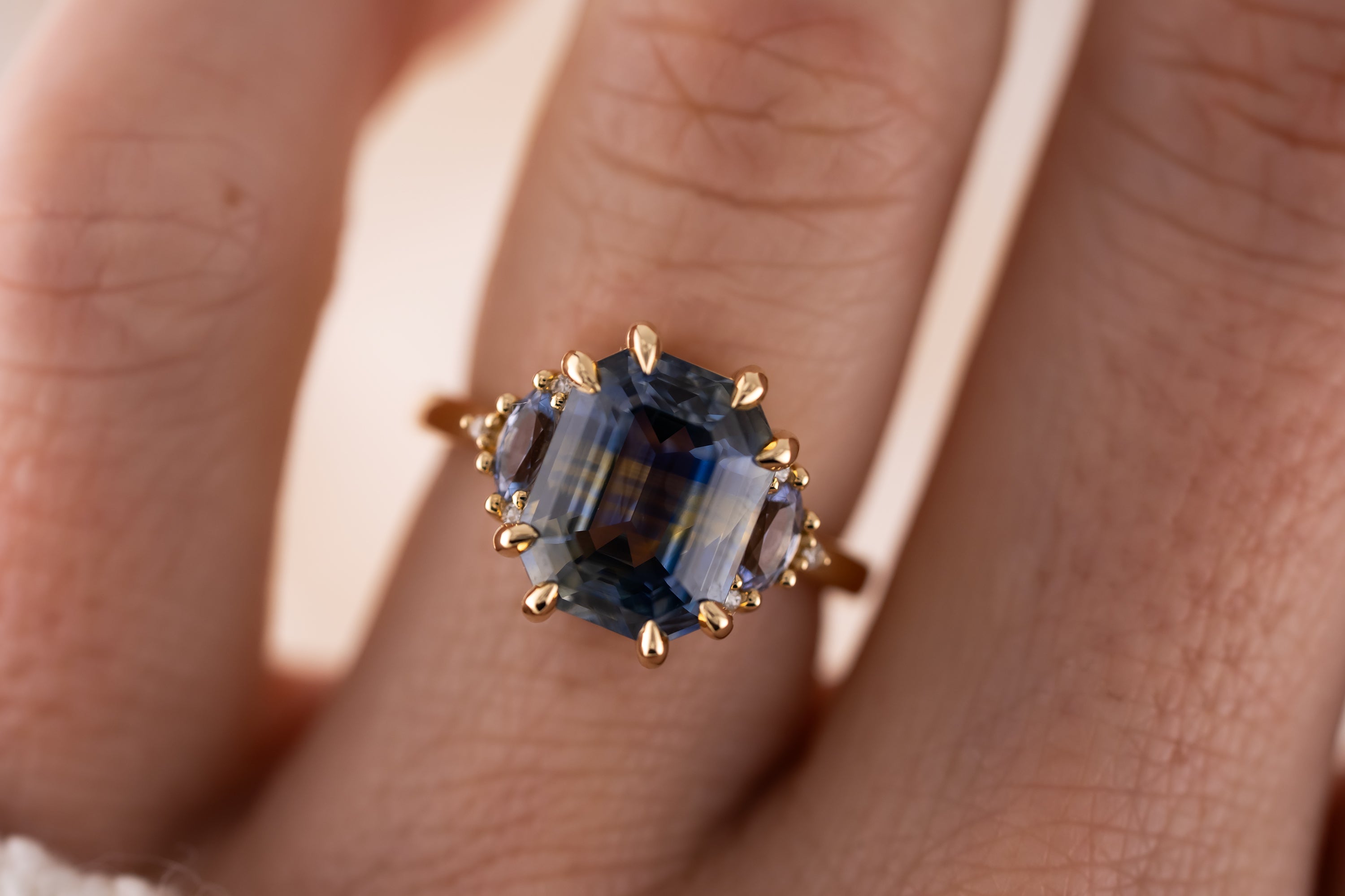The Low Maren Ring | 6.21 CT Emerald Cut Bicolor Blue Sapphire - Lavender Creek Gems