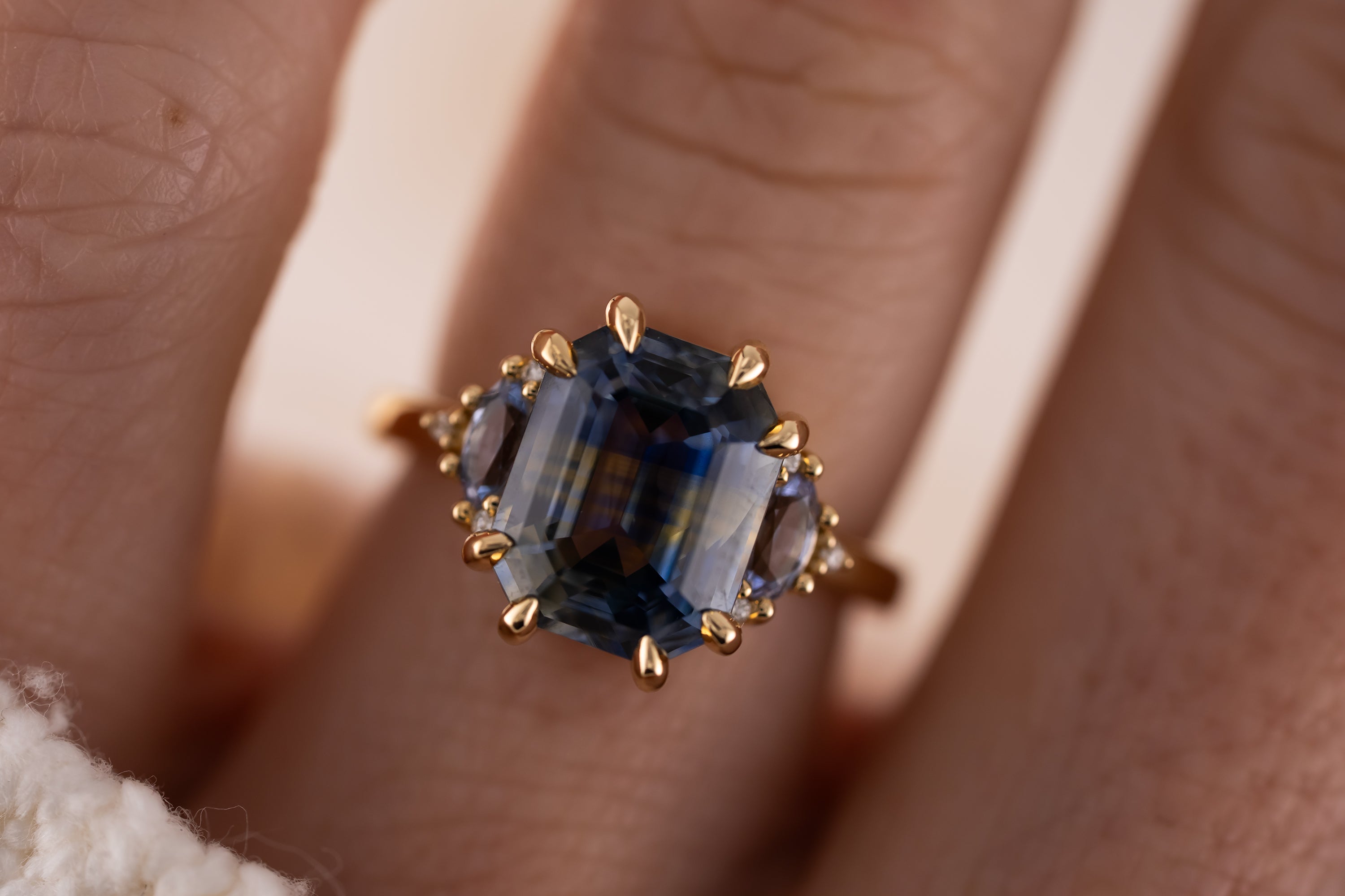 The Low Maren Ring | 6.21 CT Emerald Cut Bicolor Blue Sapphire - Lavender Creek Gems