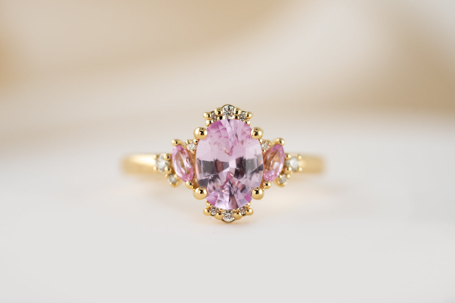 The Naevia Ring | 1.8 CT Oval Light Pink Sapphire + Light Pink Sapphire Accents - Lavender Creek Gems