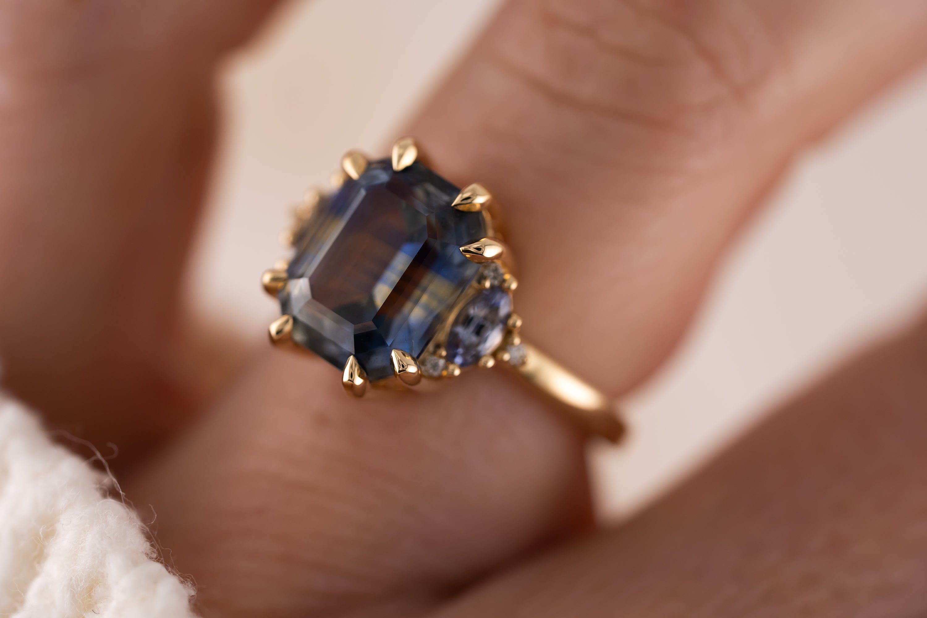 The Low Maren Ring | 6.21 CT Emerald Cut Bicolor Blue Sapphire - Lavender Creek Gems