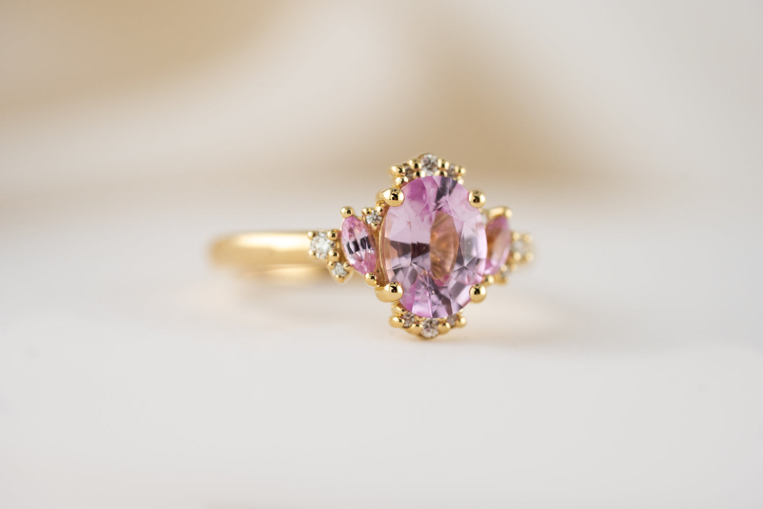 The Naevia Ring | 1.8 CT Oval Light Pink Sapphire + Light Pink Sapphire Accents - Lavender Creek Gems