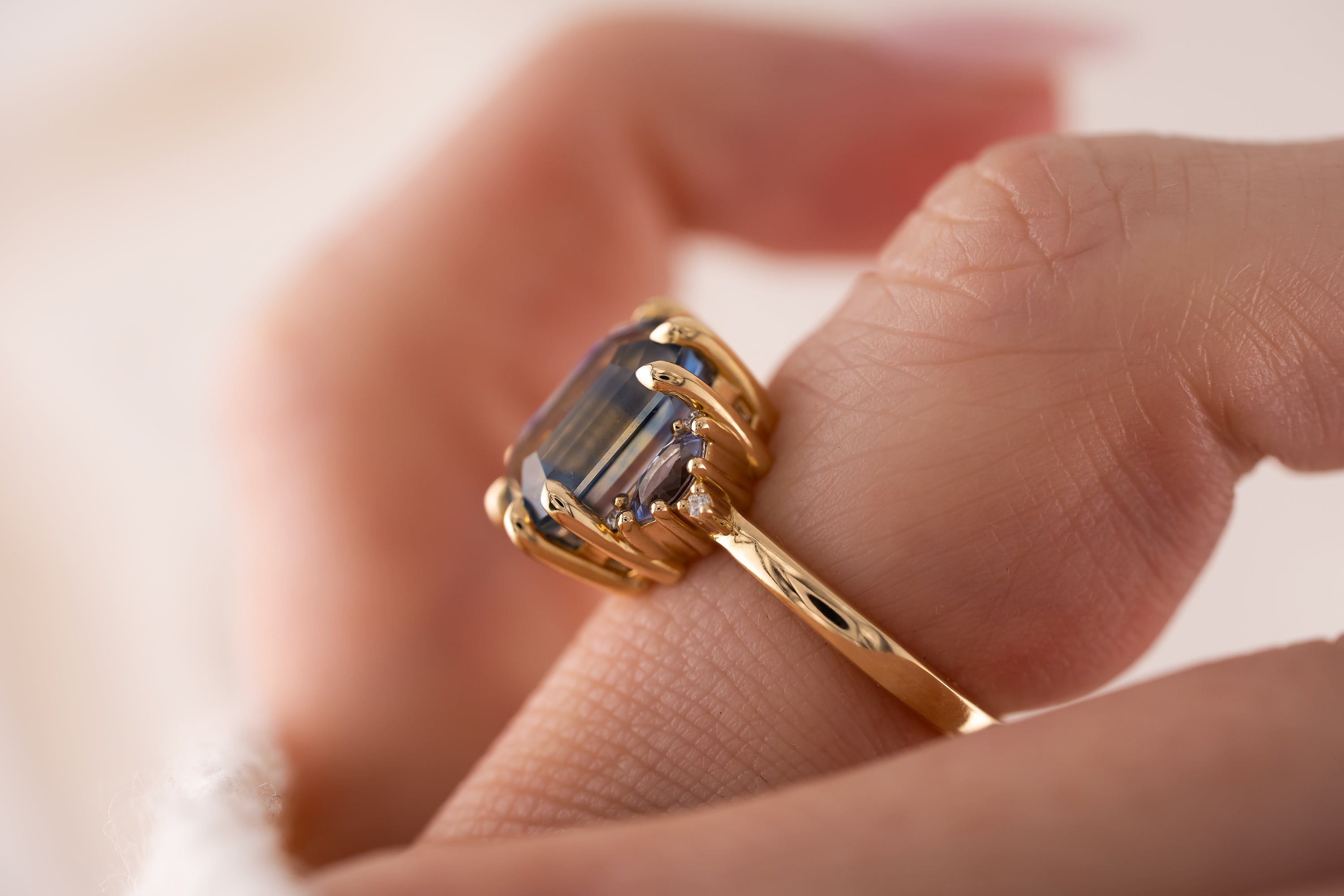 The Low Maren Ring | 6.21 CT Emerald Cut Bicolor Blue Sapphire - Lavender Creek Gems