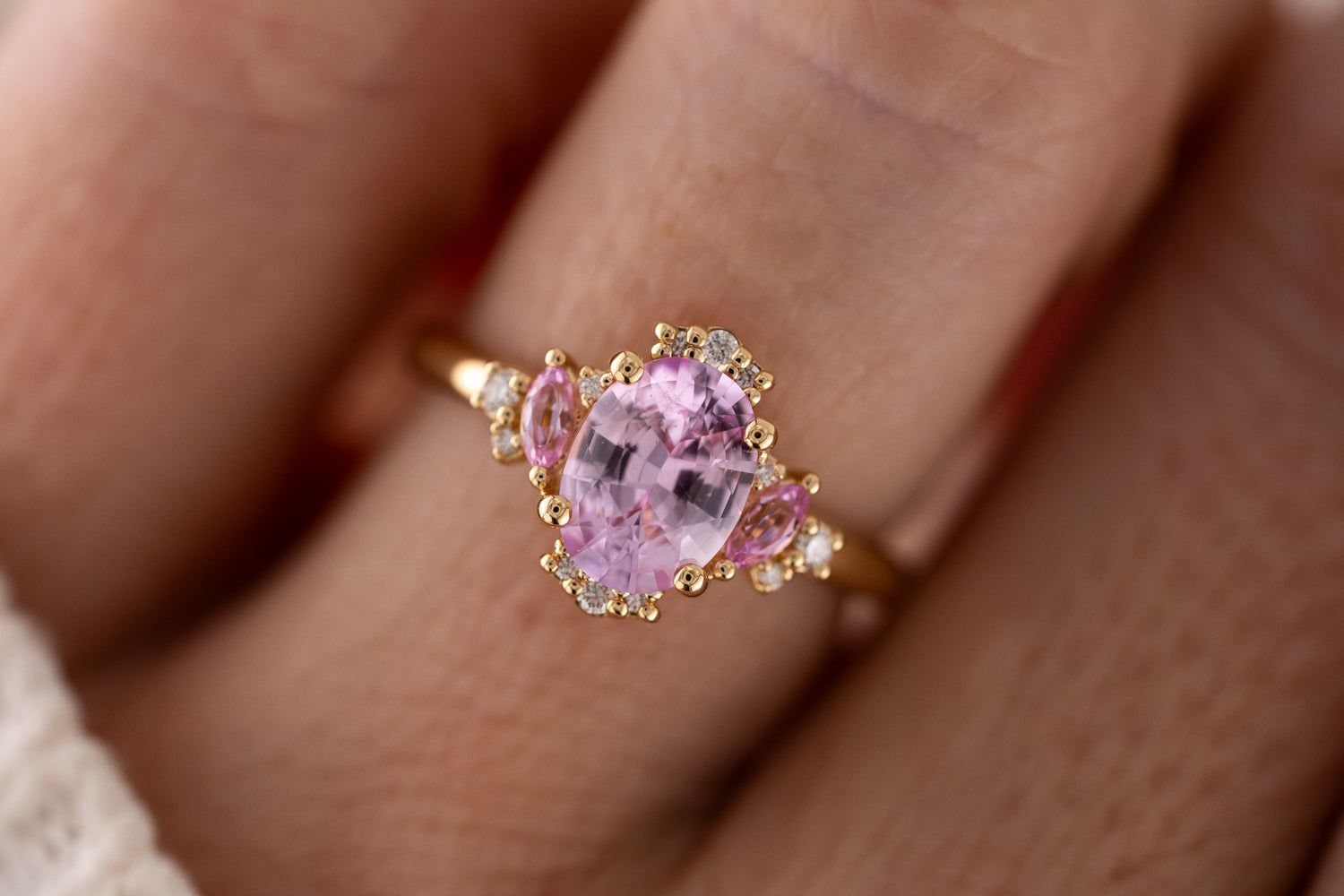 The Naevia Ring | 1.8 CT Oval Light Pink Sapphire + Light Pink Sapphire Accents - Lavender Creek Gems